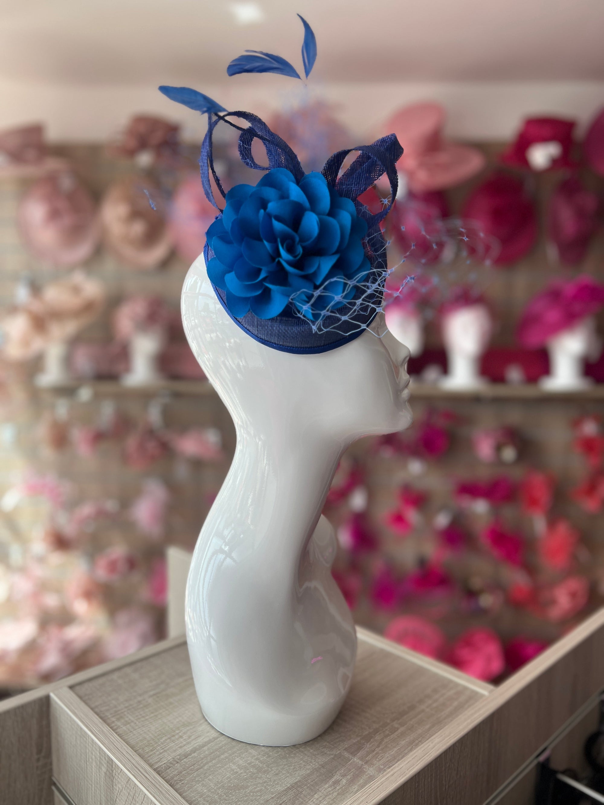 Royal Blue Pillbox Fascinator Hat with Dahlia Flower & Netting-Fascinators Direct