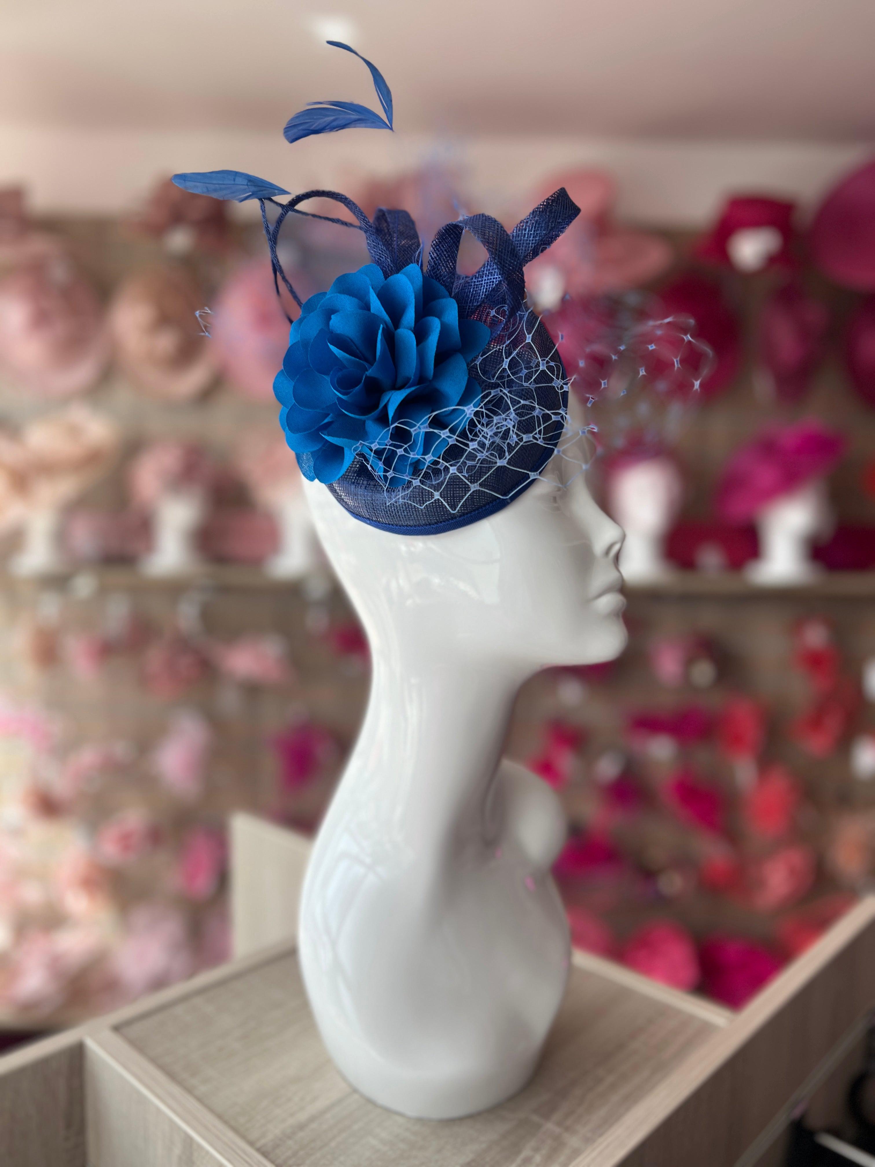 Royal Blue Pillbox Fascinator Hat with Dahlia Flower Netting