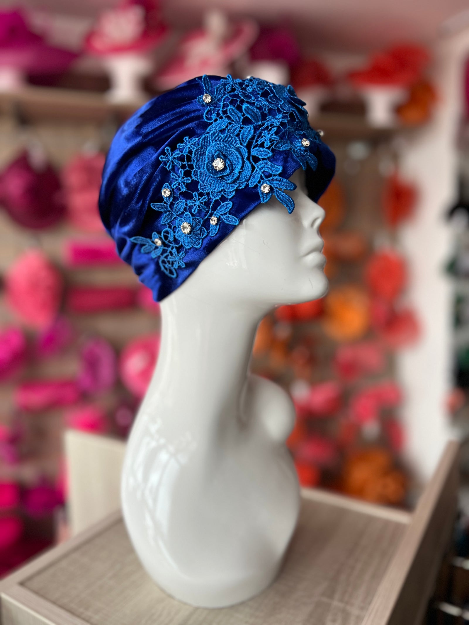 Royal Blue Velvet Turban With Lace Effect Flowers & Diamantes-Fascinators Direct