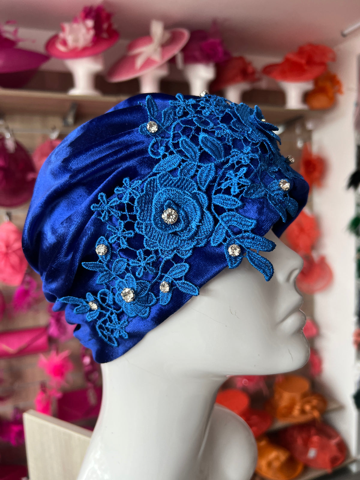 Royal Blue Velvet Turban With Lace Effect Flowers &amp; Diamantes-Fascinators Direct