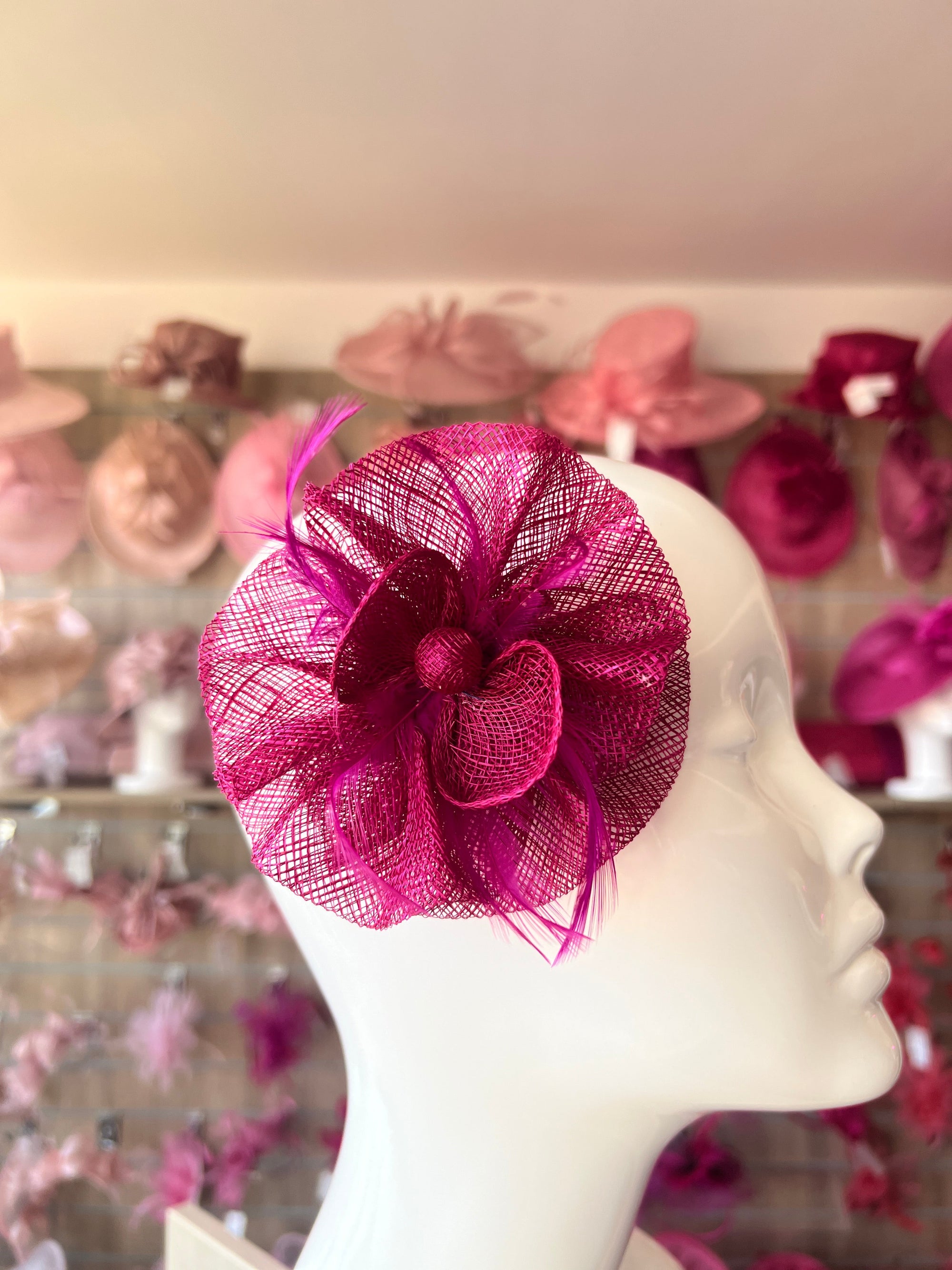 Ruched Sinamay Flower Fuchsia Fascinator Clip with Feathers-Fascinators Direct