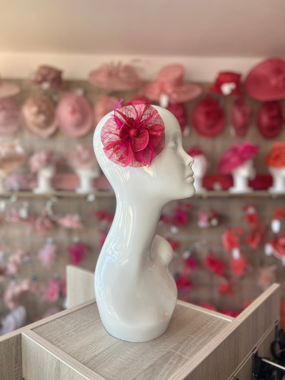 Ruched Sinamay Flower Fuchsia Fascinator Clip with Feathers-Fascinators Direct