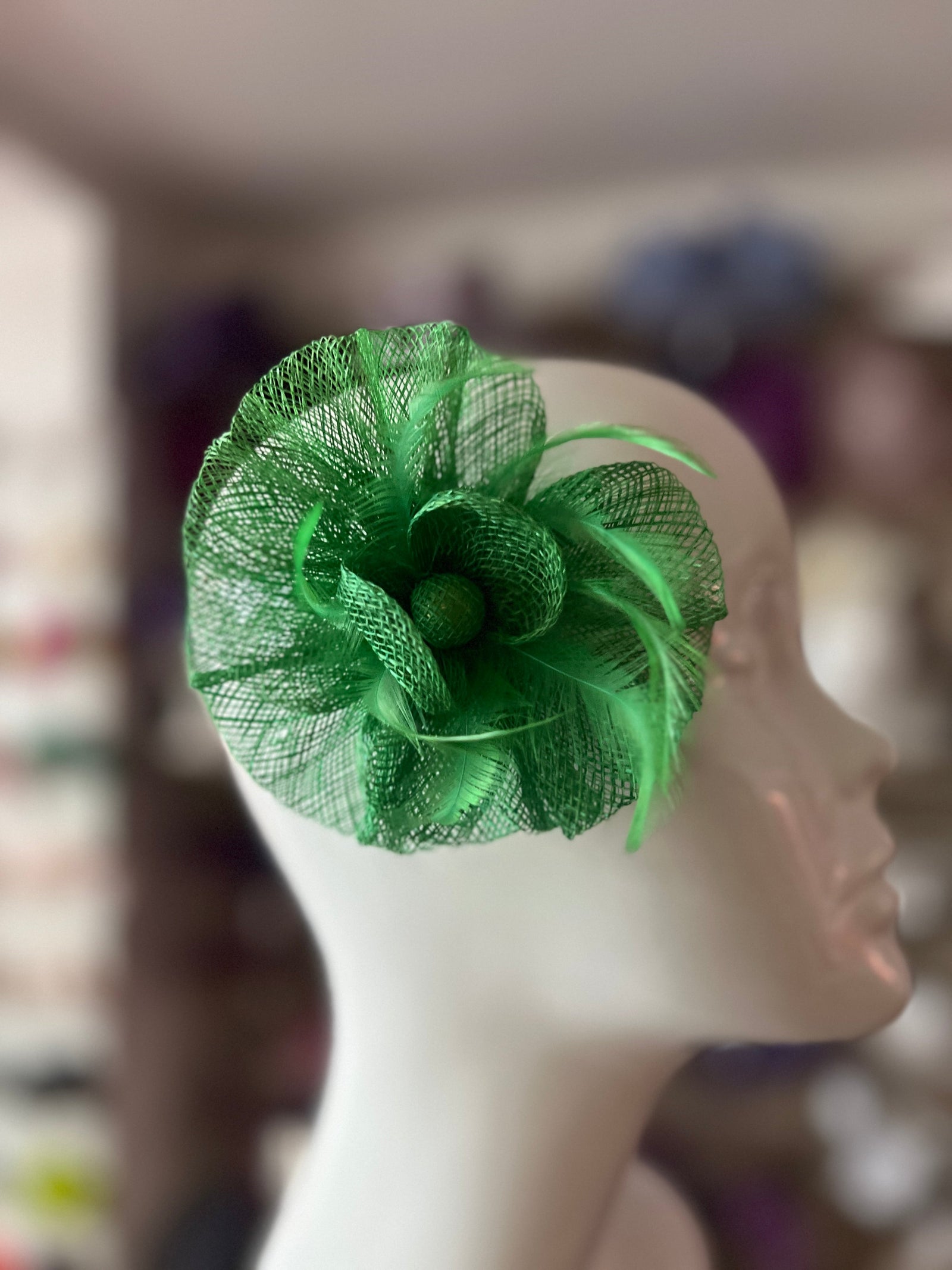 Ruched Sinamay Flower Green Fascinator Clip with Feathers-Fascinators Direct