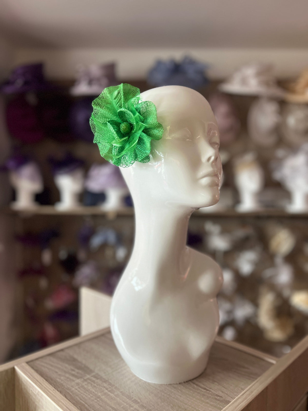 Ruched Sinamay Flower Green Fascinator Clip with Feathers-Fascinators Direct