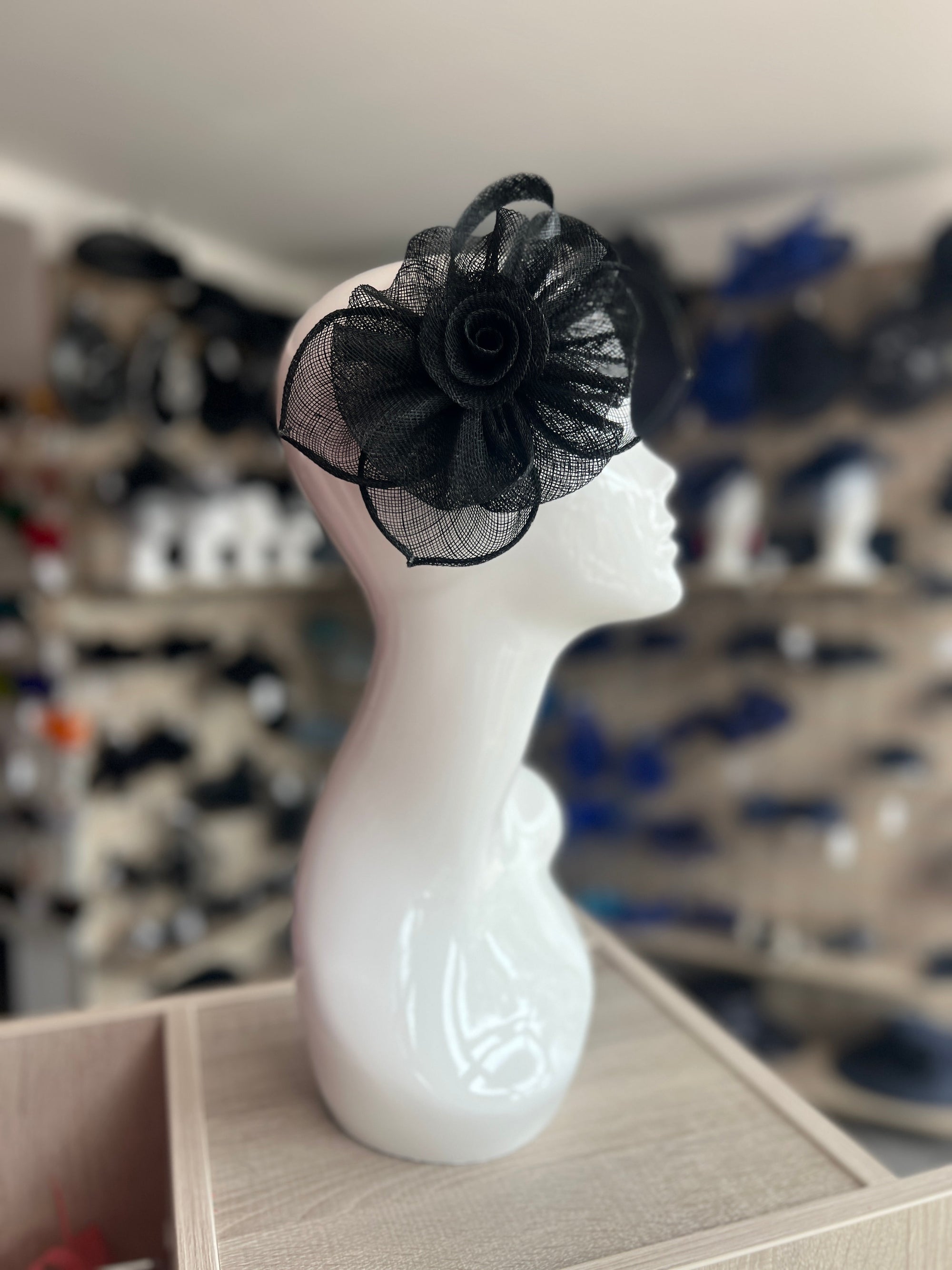 Ruched Sinamay Flower & Leaf Black Comb Fascinator-Fascinators Direct