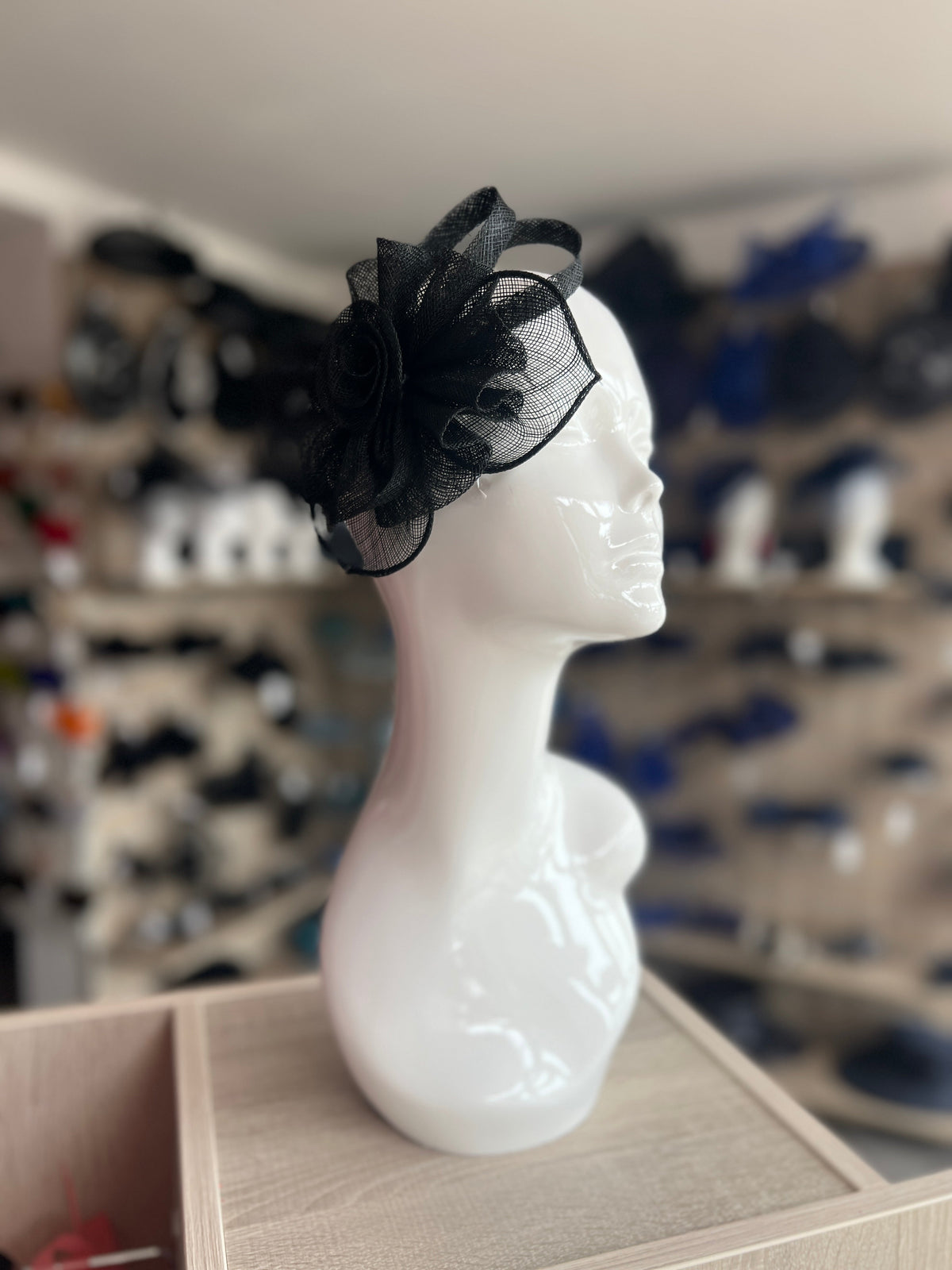 Ruched Sinamay Flower &amp; Leaf Black Comb Fascinator-Fascinators Direct