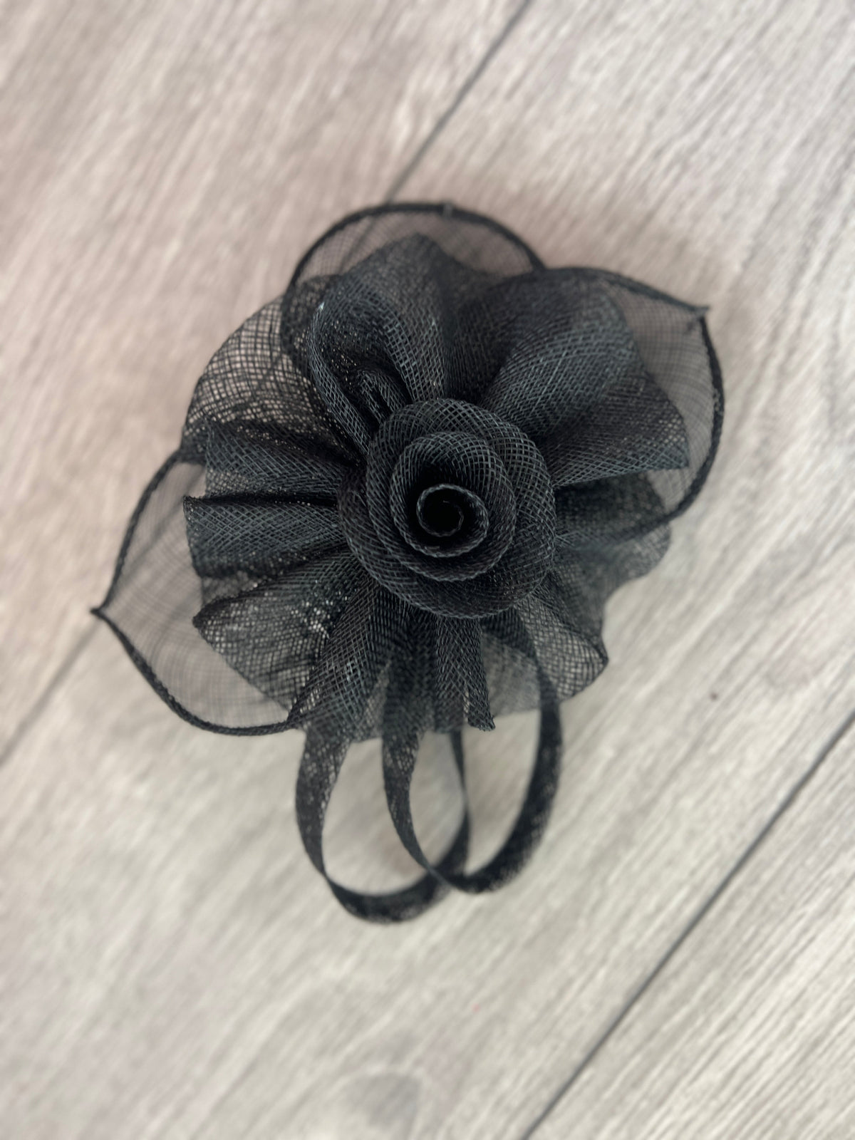 Ruched Sinamay Flower &amp; Leaf Black Comb Fascinator-Fascinators Direct
