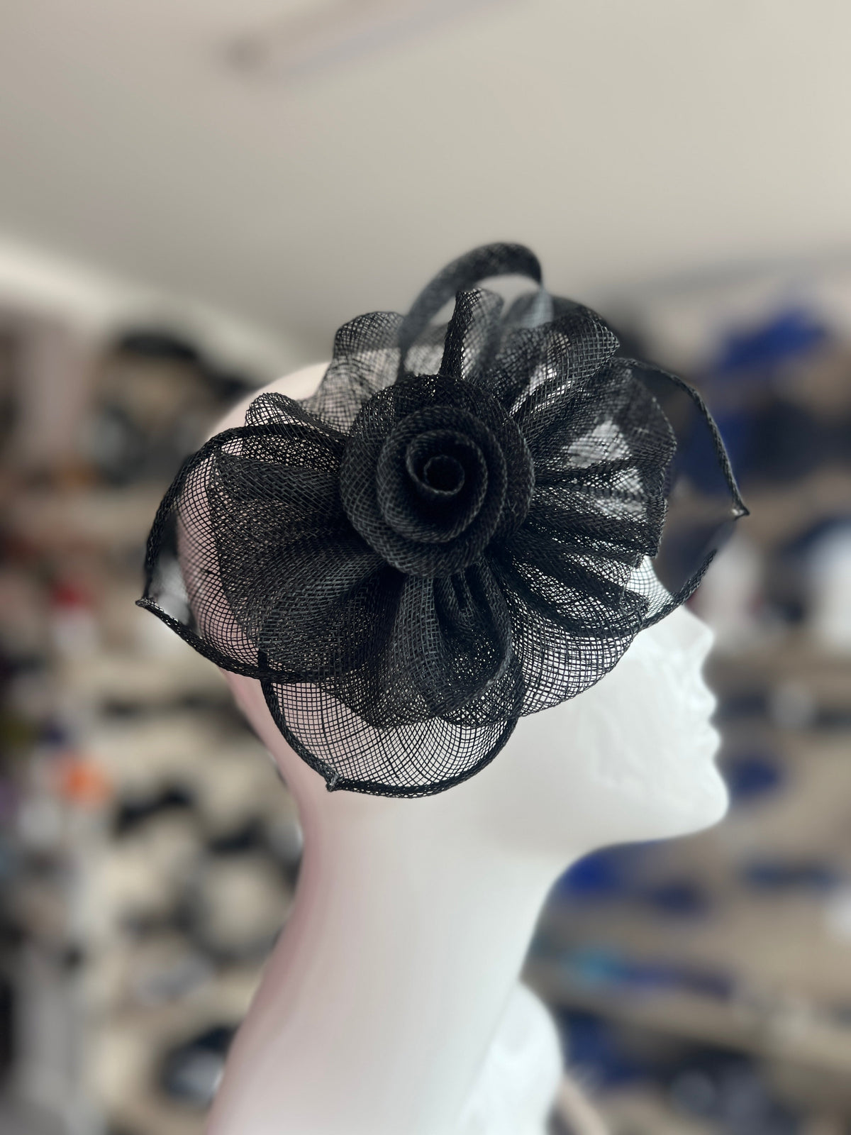 Ruched Sinamay Flower &amp; Leaf Black Comb Fascinator-Fascinators Direct