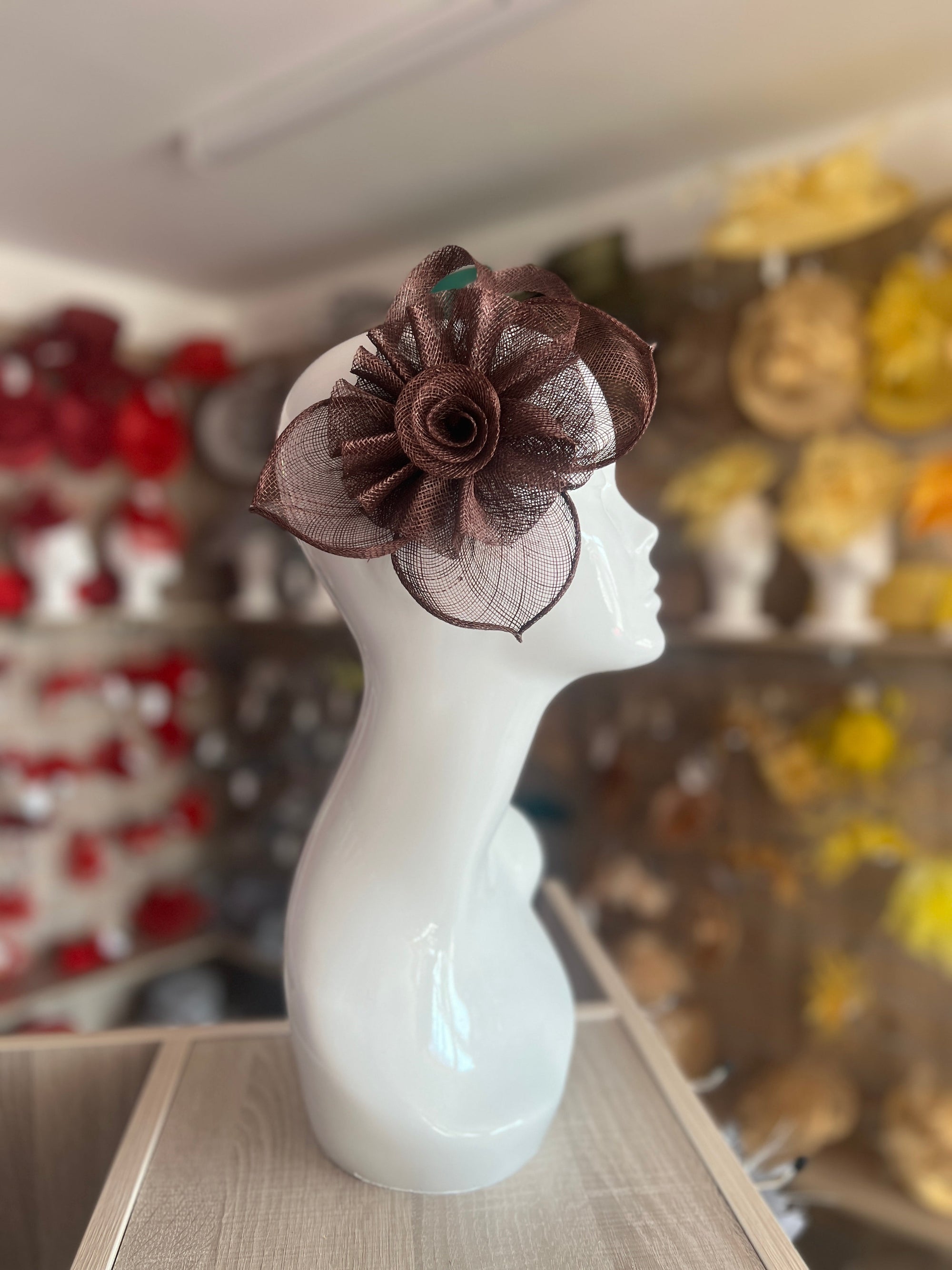 Ruched Sinamay Flower & Leaf Brown Comb Fascinator-Fascinators Direct