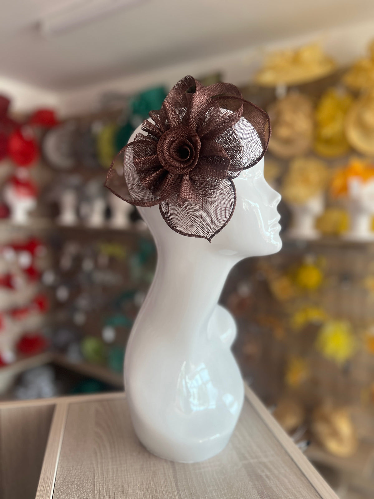 Ruched Sinamay Flower &amp; Leaf Brown Comb Fascinator-Fascinators Direct