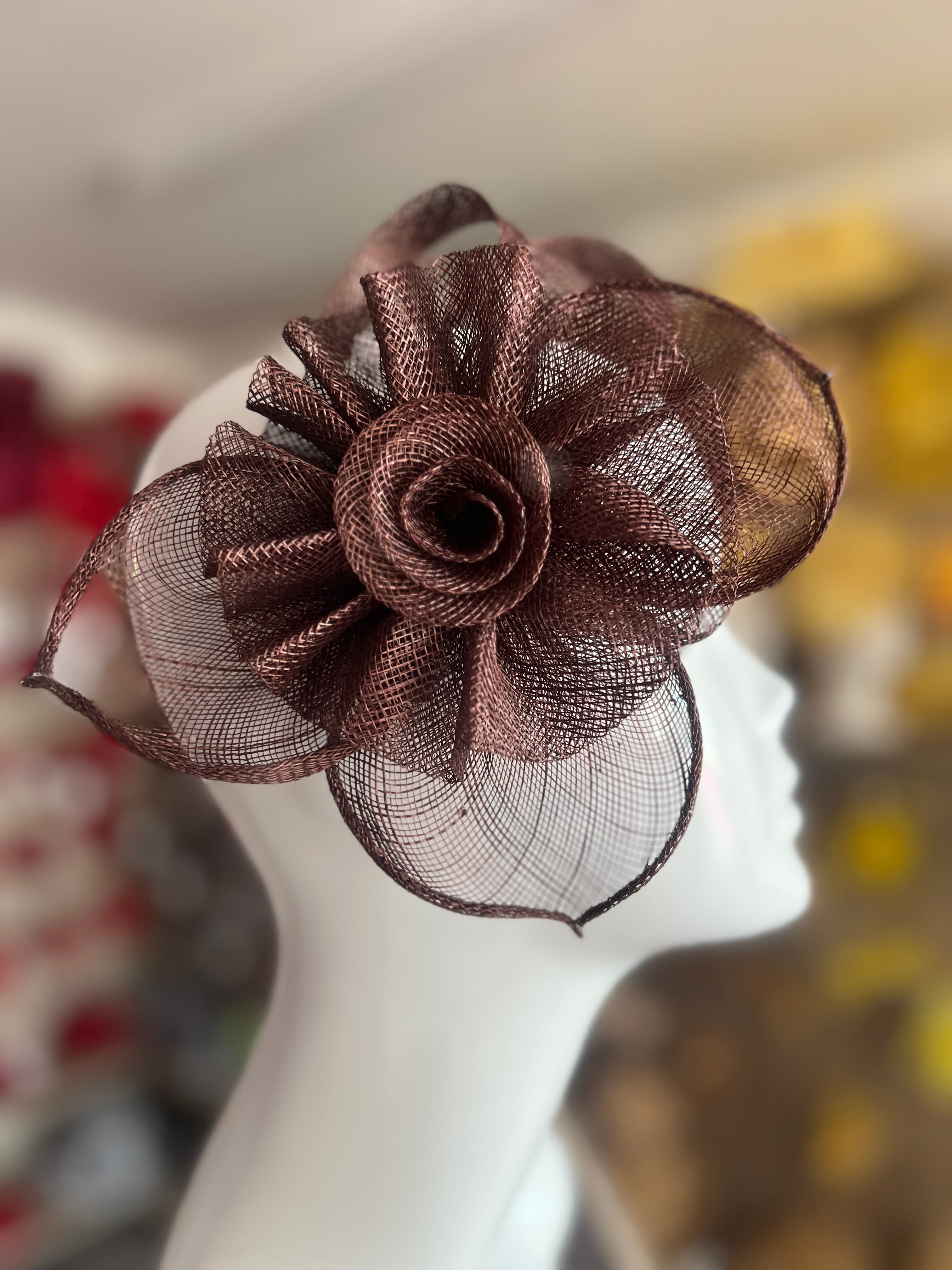 Brown deals sinamay fascinator with brown silk peony