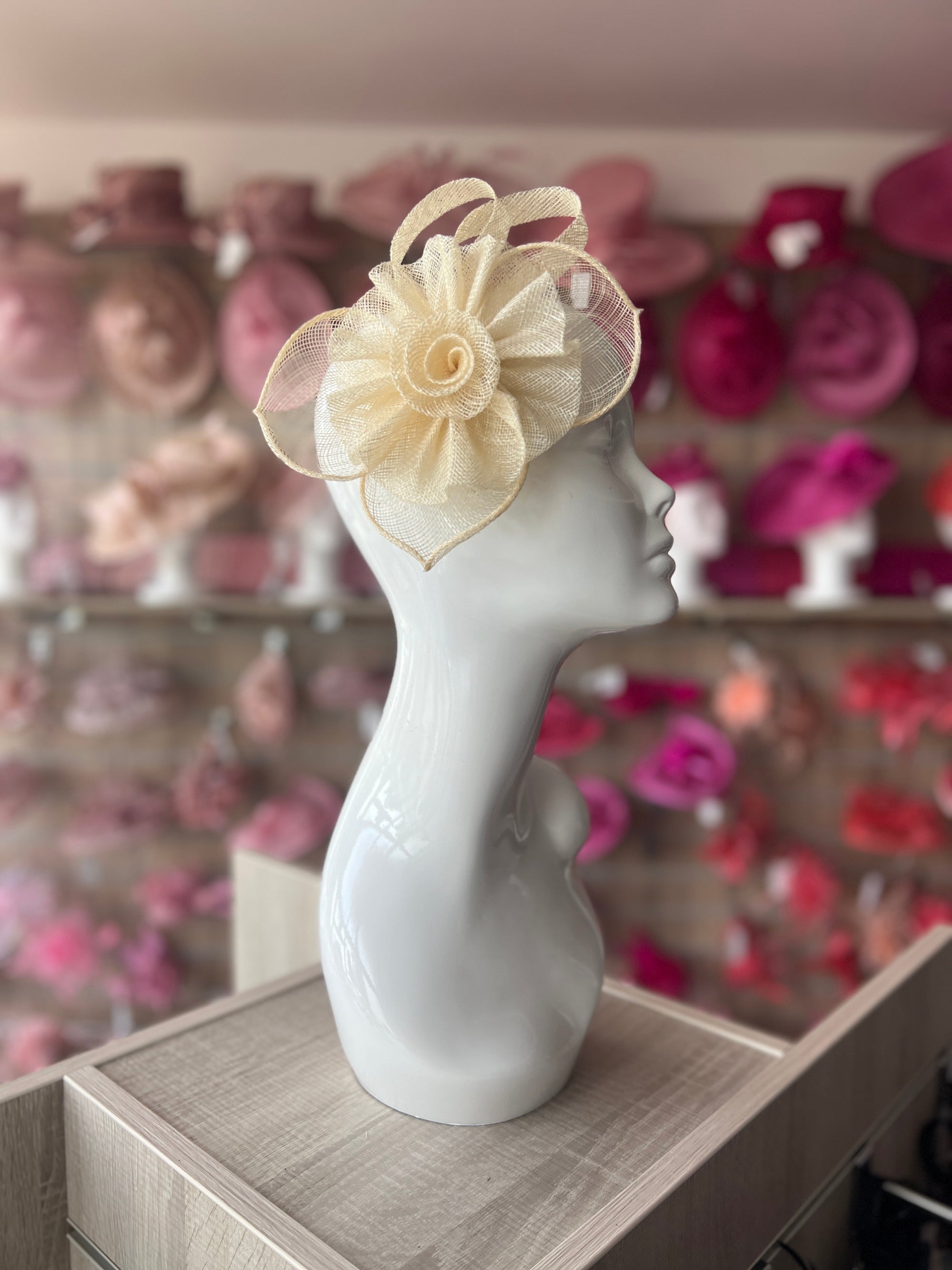 Ruched Sinamay Flower & Leaf Cream Comb Fascinator-Fascinators Direct