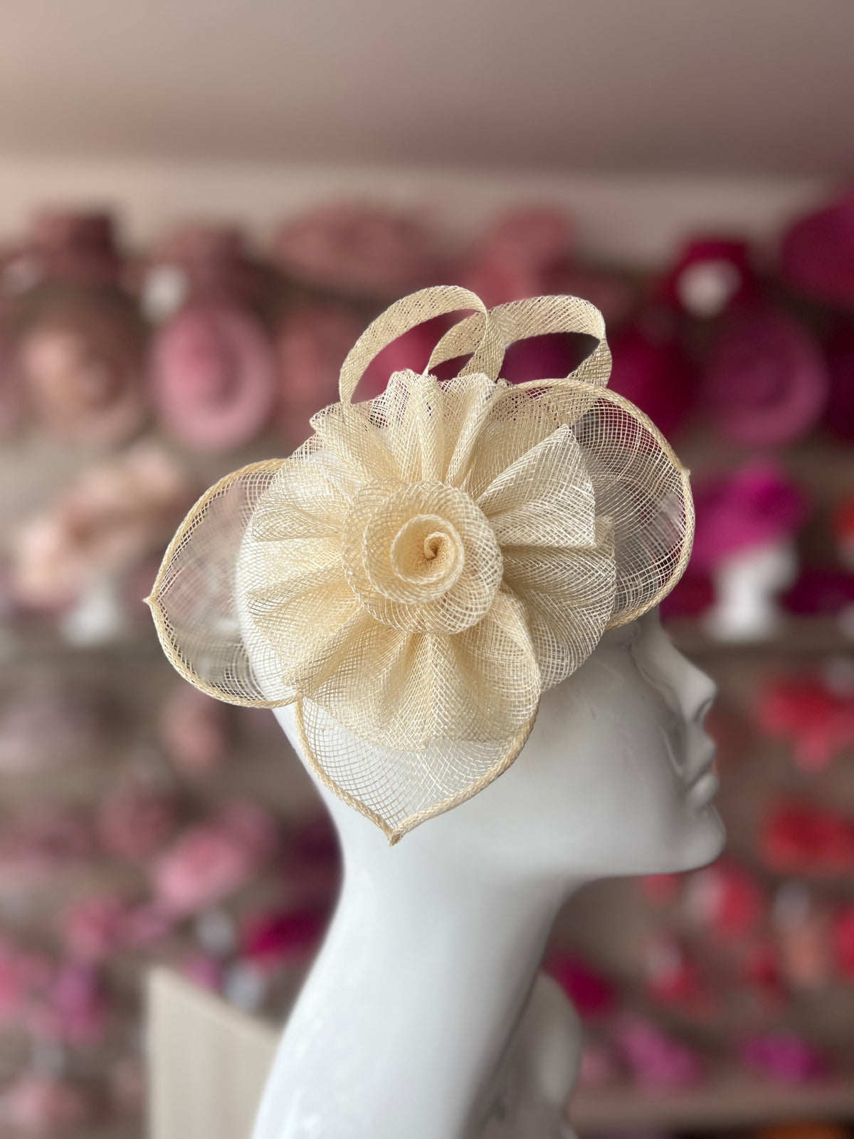 Ruched Sinamay Flower &amp; Leaf Cream Comb Fascinator-Fascinators Direct