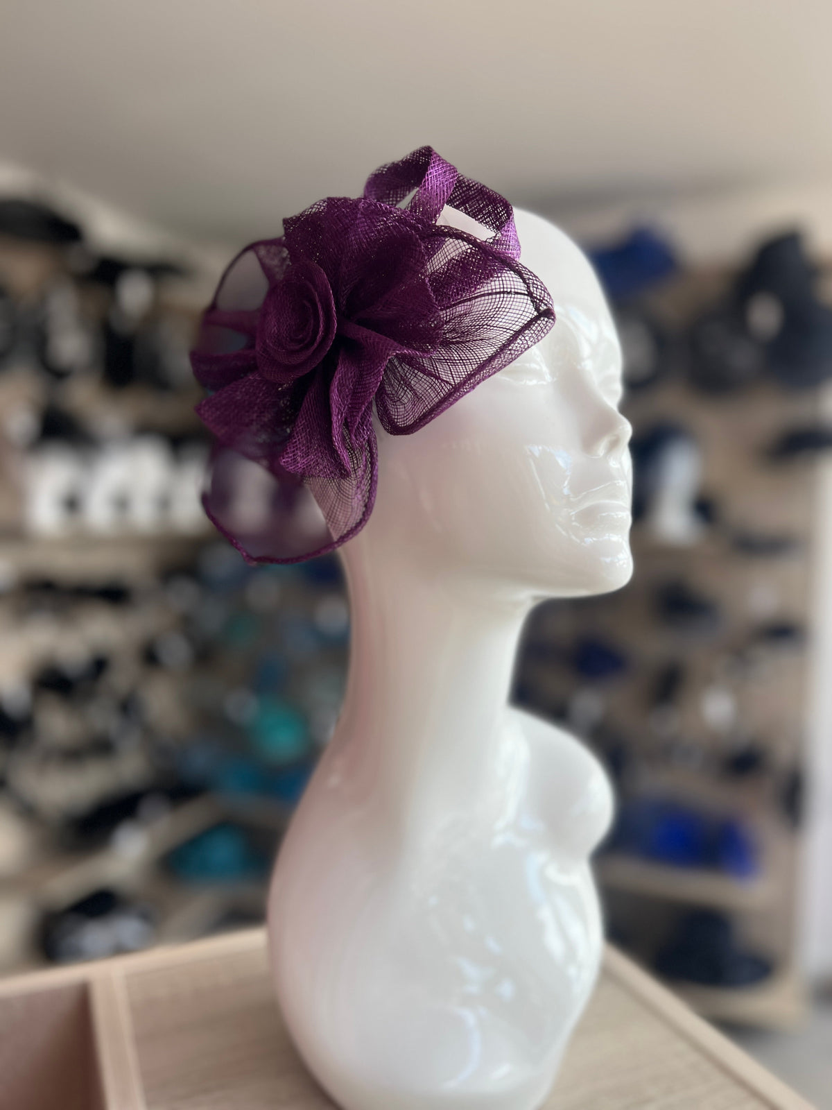 Ruched Sinamay Flower &amp; Leaf Purple Comb Fascinator-Fascinators Direct