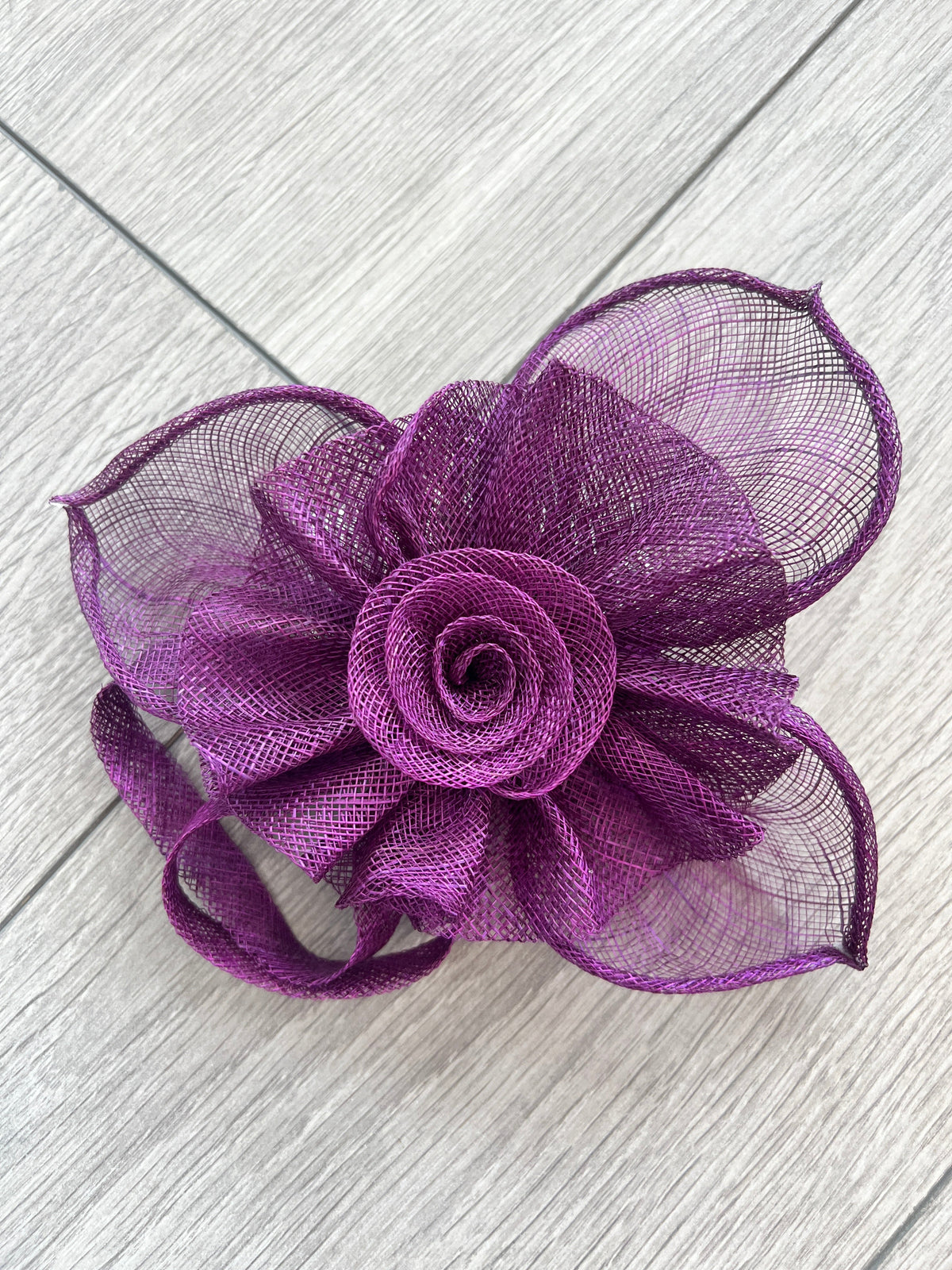 Ruched Sinamay Flower &amp; Leaf Purple Comb Fascinator-Fascinators Direct