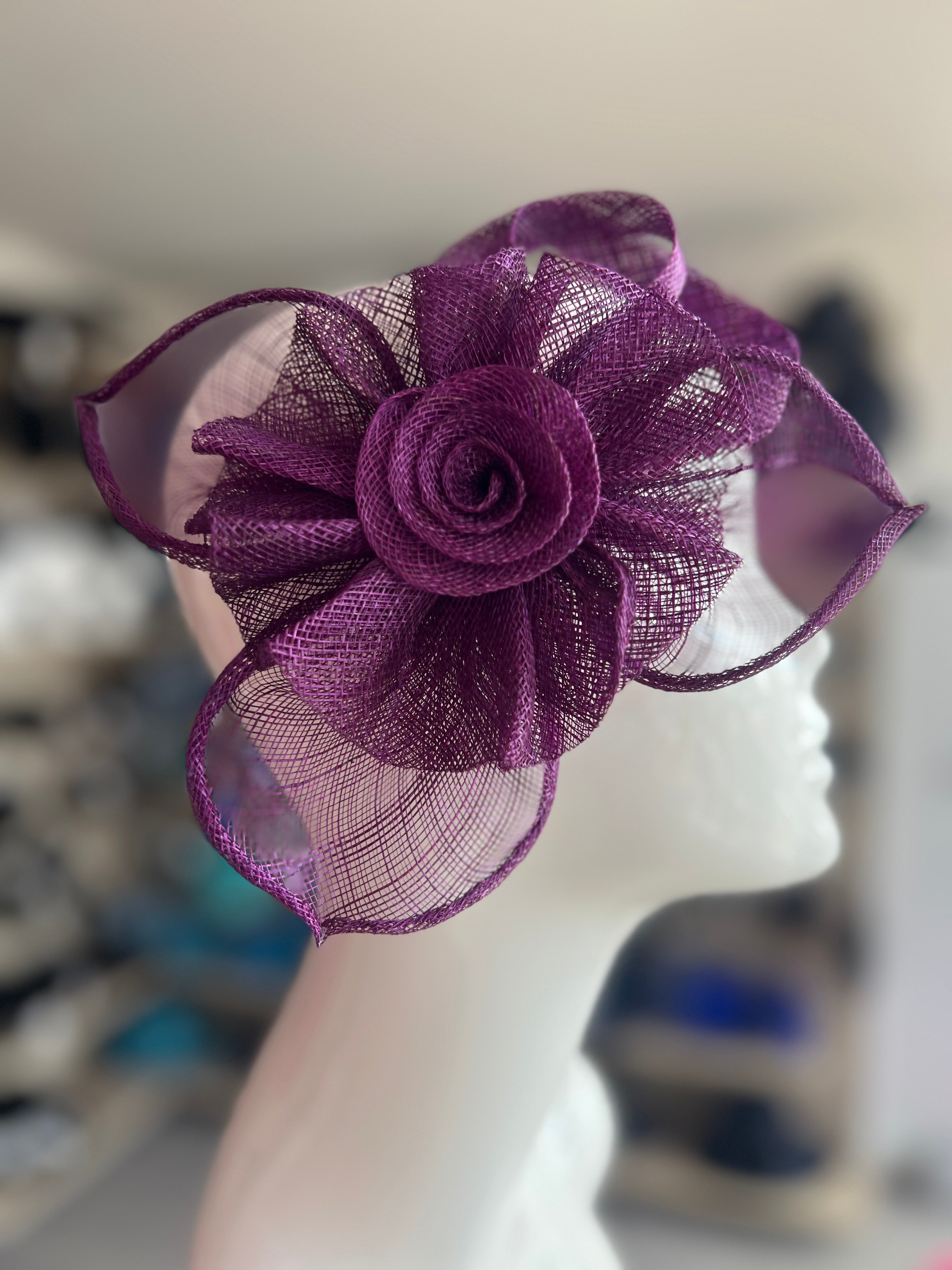 Ruched Sinamay Flower Leaf Dark Purple Fascinator for Weddings