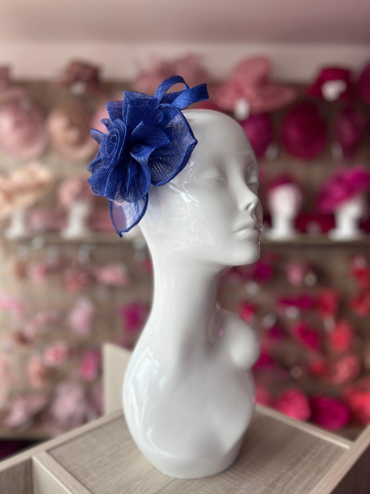 Ruched Sinamay Flower &amp; Leaf Royal Blue Comb Fascinator-Fascinators Direct