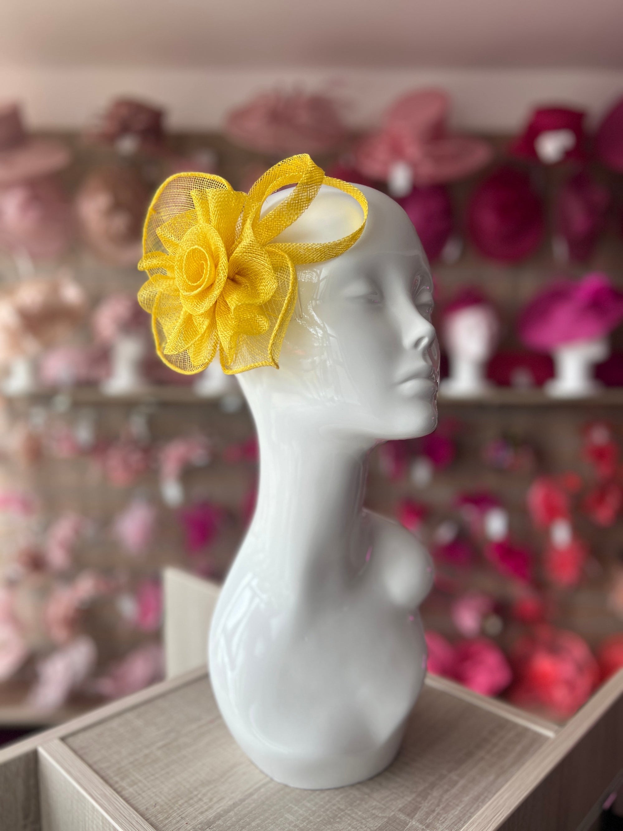 Ruched Sinamay Flower & Leaf Yellow Comb Fascinator-Fascinators Direct