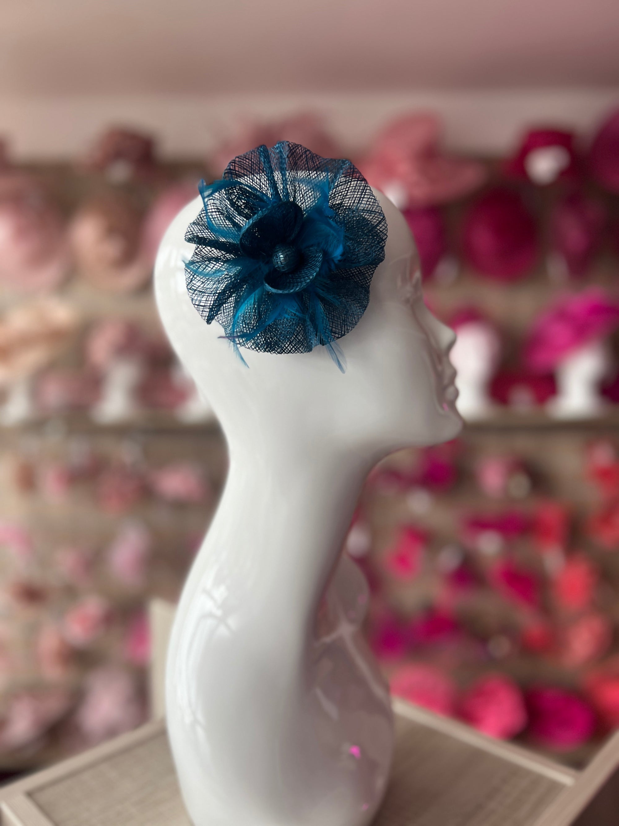 Ruched Sinamay Flower Teal Fascinator Clip with Feathers-Fascinators Direct