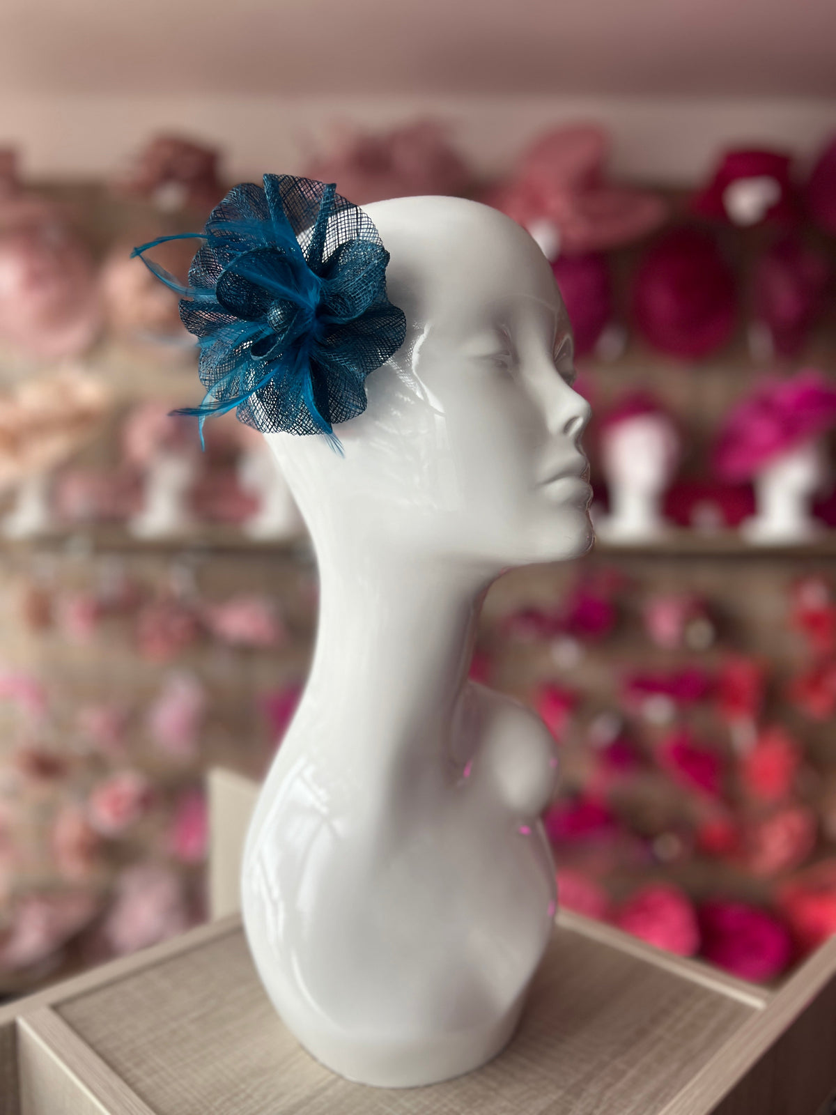 Ruched Sinamay Flower Teal Fascinator Clip with Feathers-Fascinators Direct