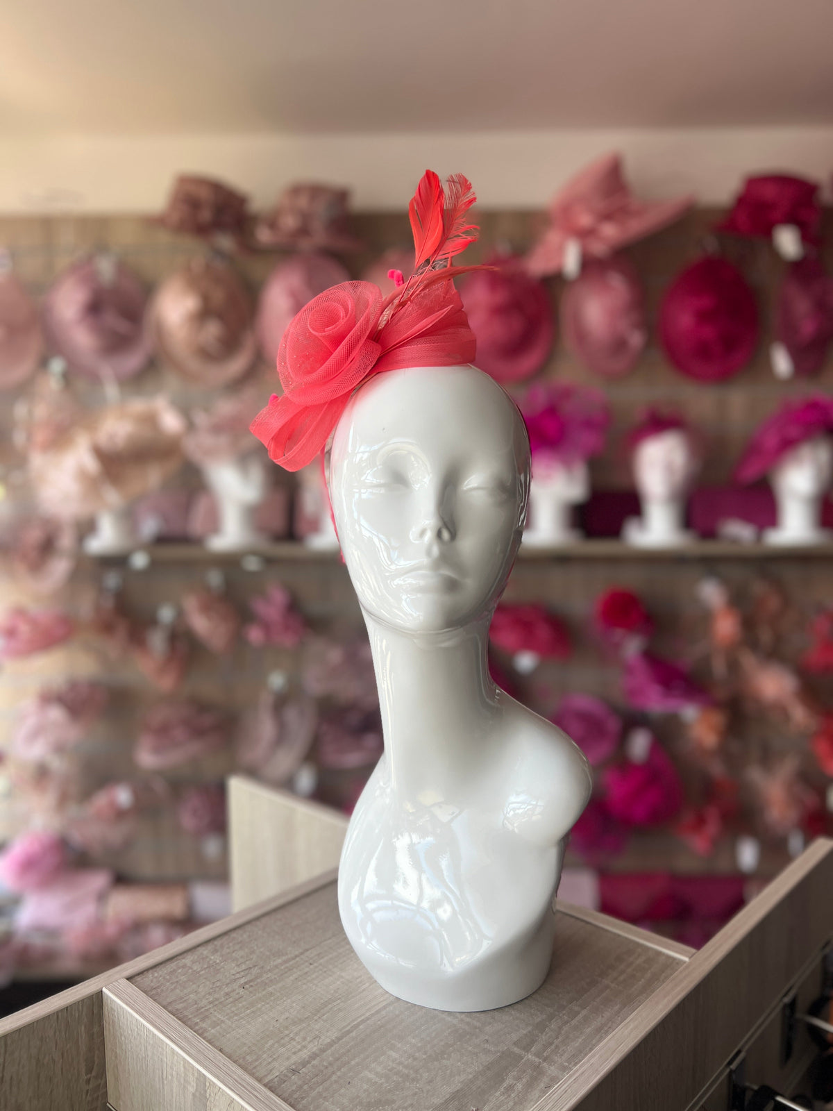 SALMON CRINOLINE FASCINATOR WITH BEADS, LOOPS &amp; NETTING-Fascinators Direct