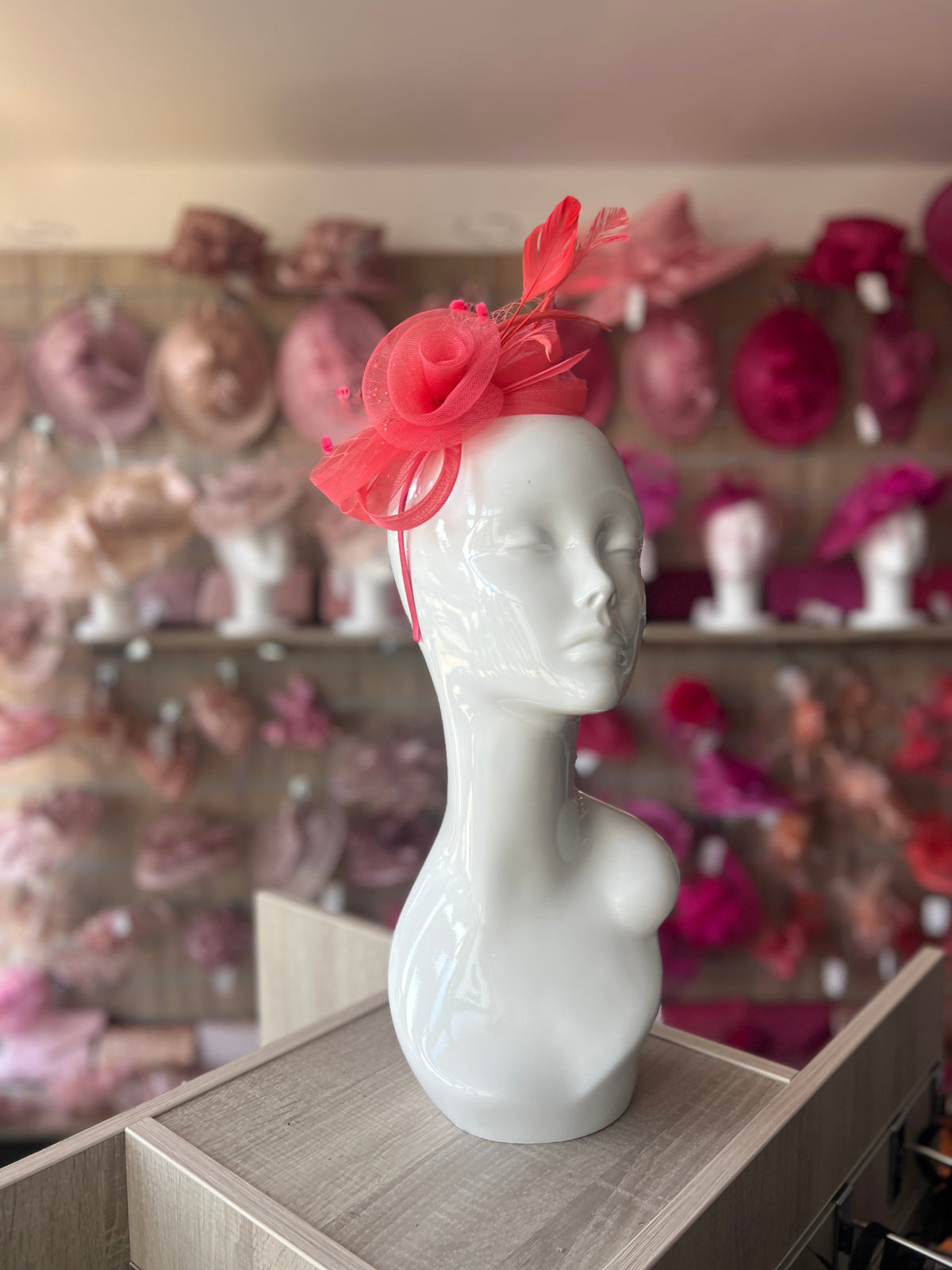 SALMON CRINOLINE FASCINATOR WITH BEADS, LOOPS &amp; NETTING-Fascinators Direct