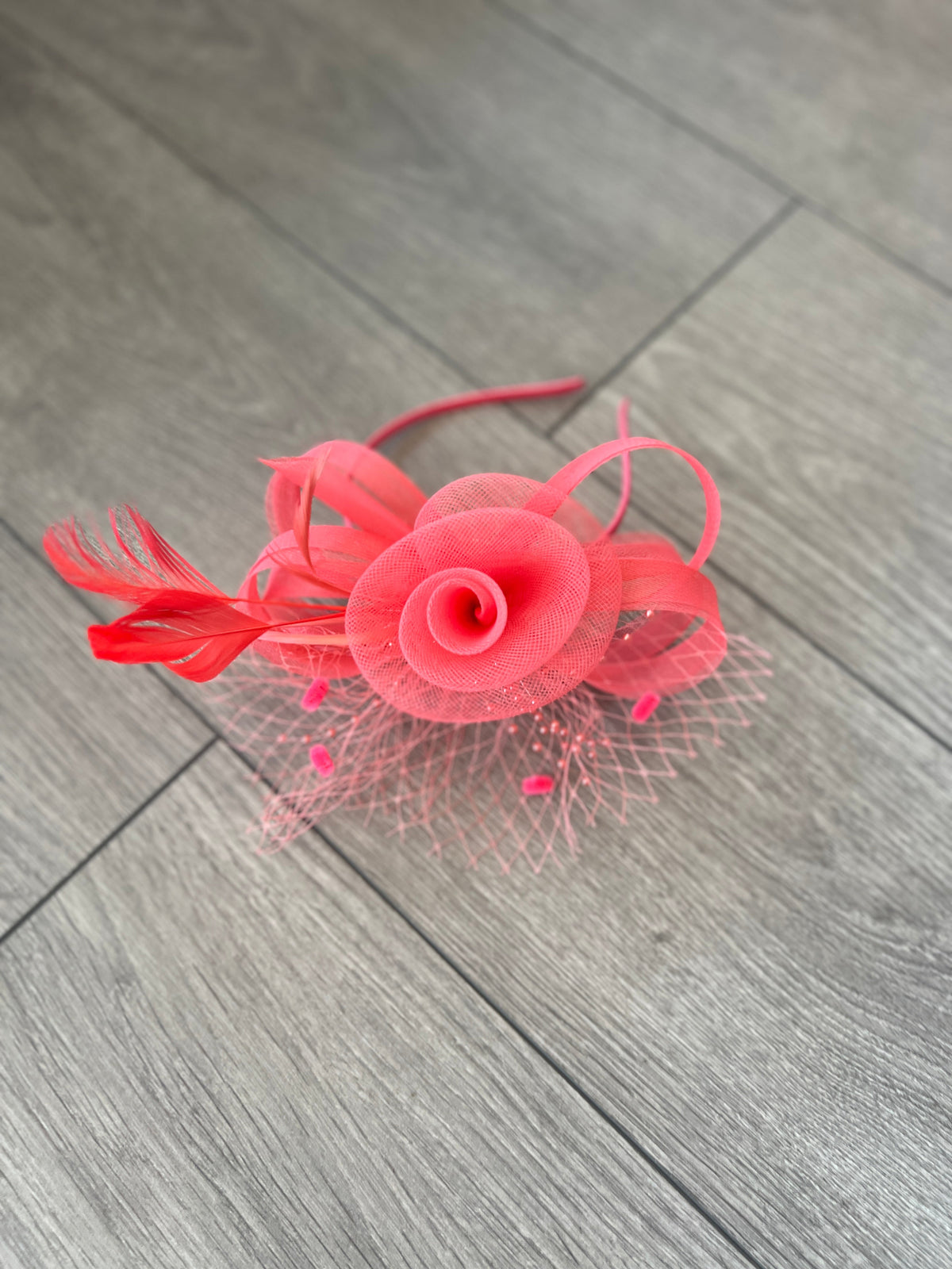 SALMON CRINOLINE FASCINATOR WITH BEADS, LOOPS &amp; NETTING-Fascinators Direct