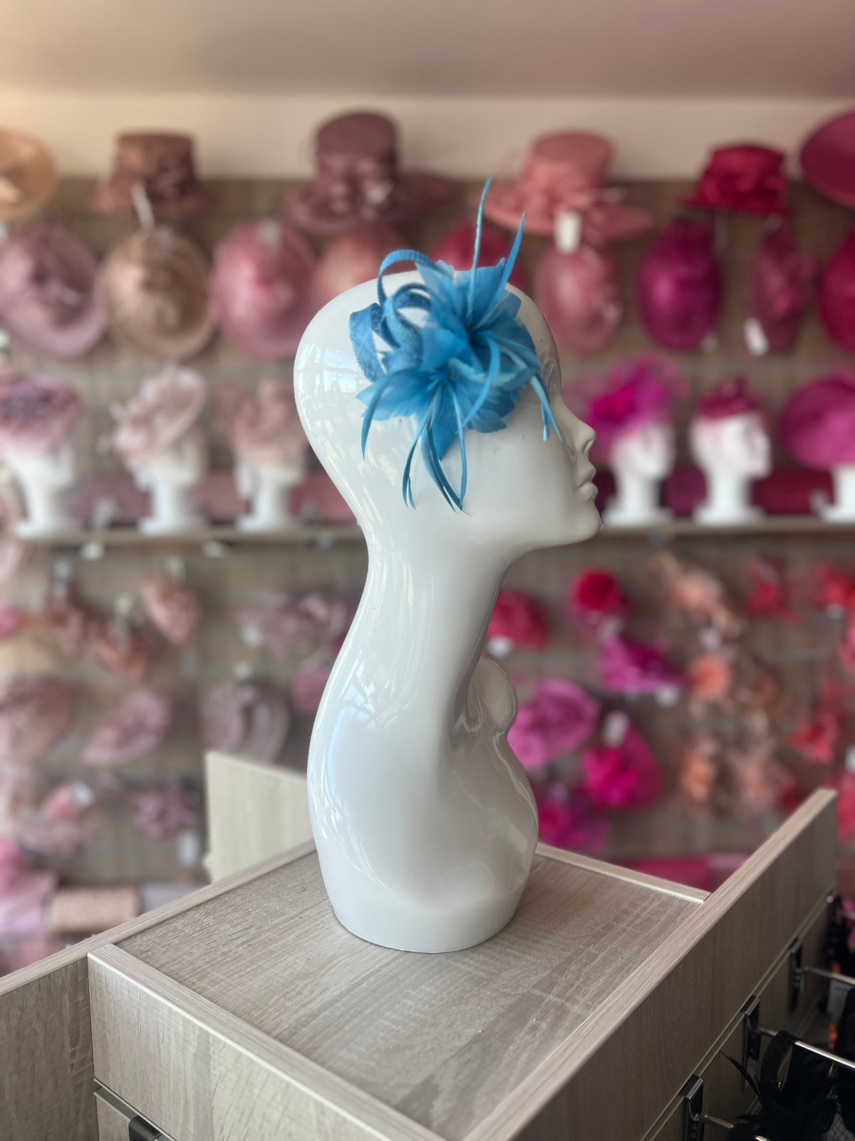 SMALL BLUE FASCINATOR CLIP WITH FEATHERS &amp; LOOPS-Fascinators Direct