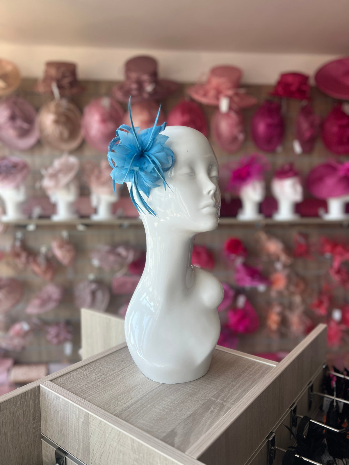 SMALL BLUE FASCINATOR CLIP WITH FEATHERS &amp; LOOPS-Fascinators Direct