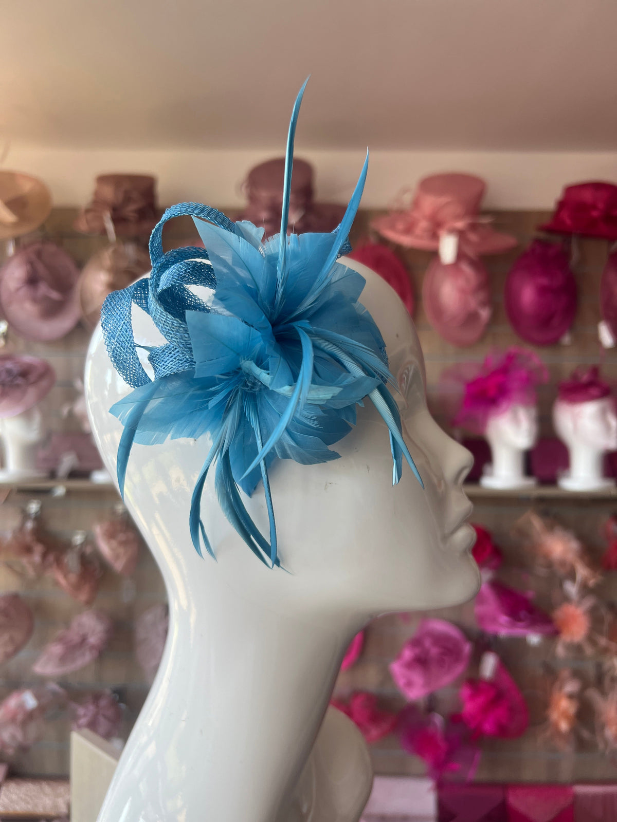 SMALL BLUE FASCINATOR CLIP WITH FEATHERS &amp; LOOPS-Fascinators Direct