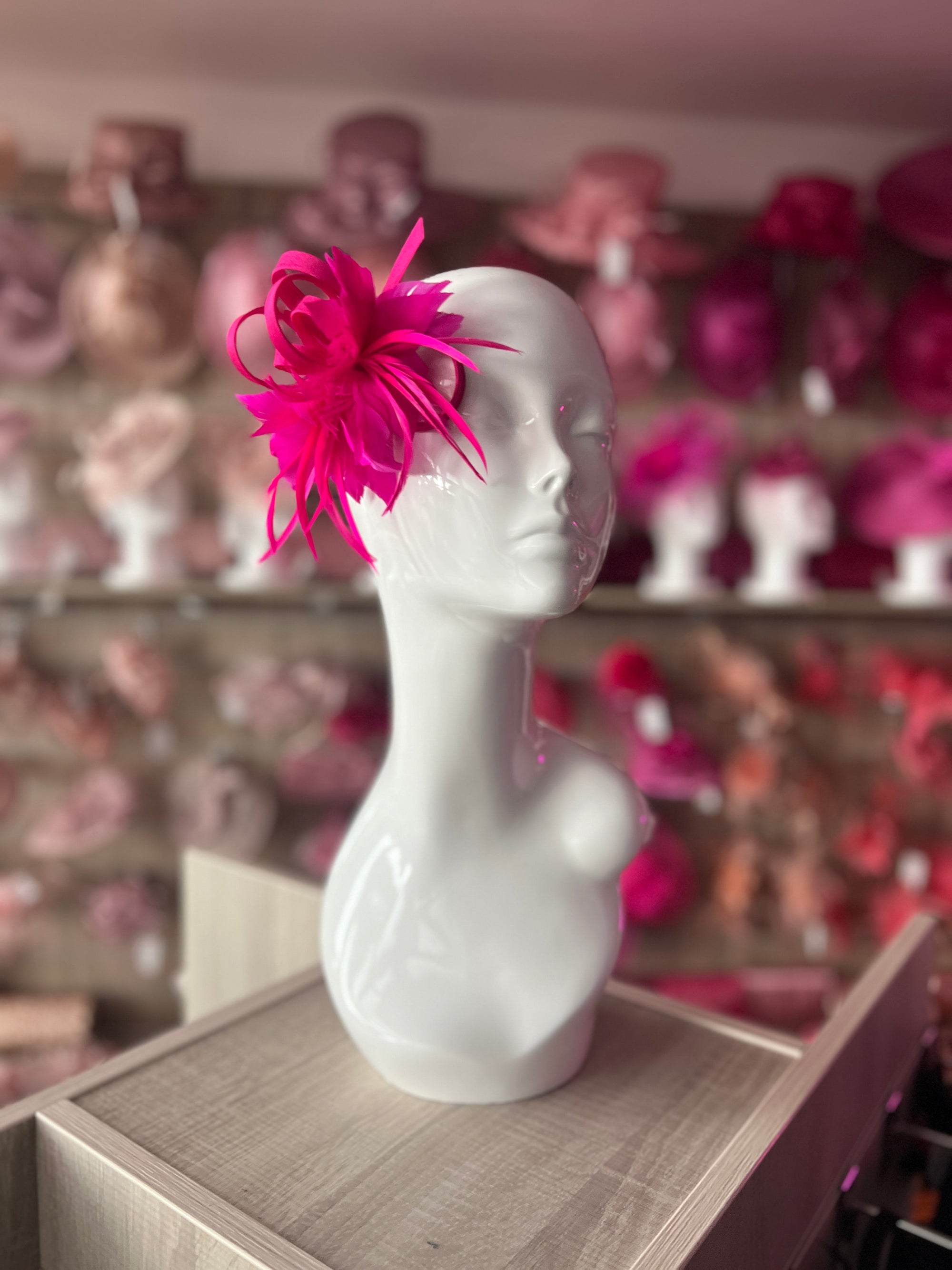 SMALL FUCHSIA FASCINATOR CLIP WITH FEATHERS & SATIN LOOPS-Fascinators Direct