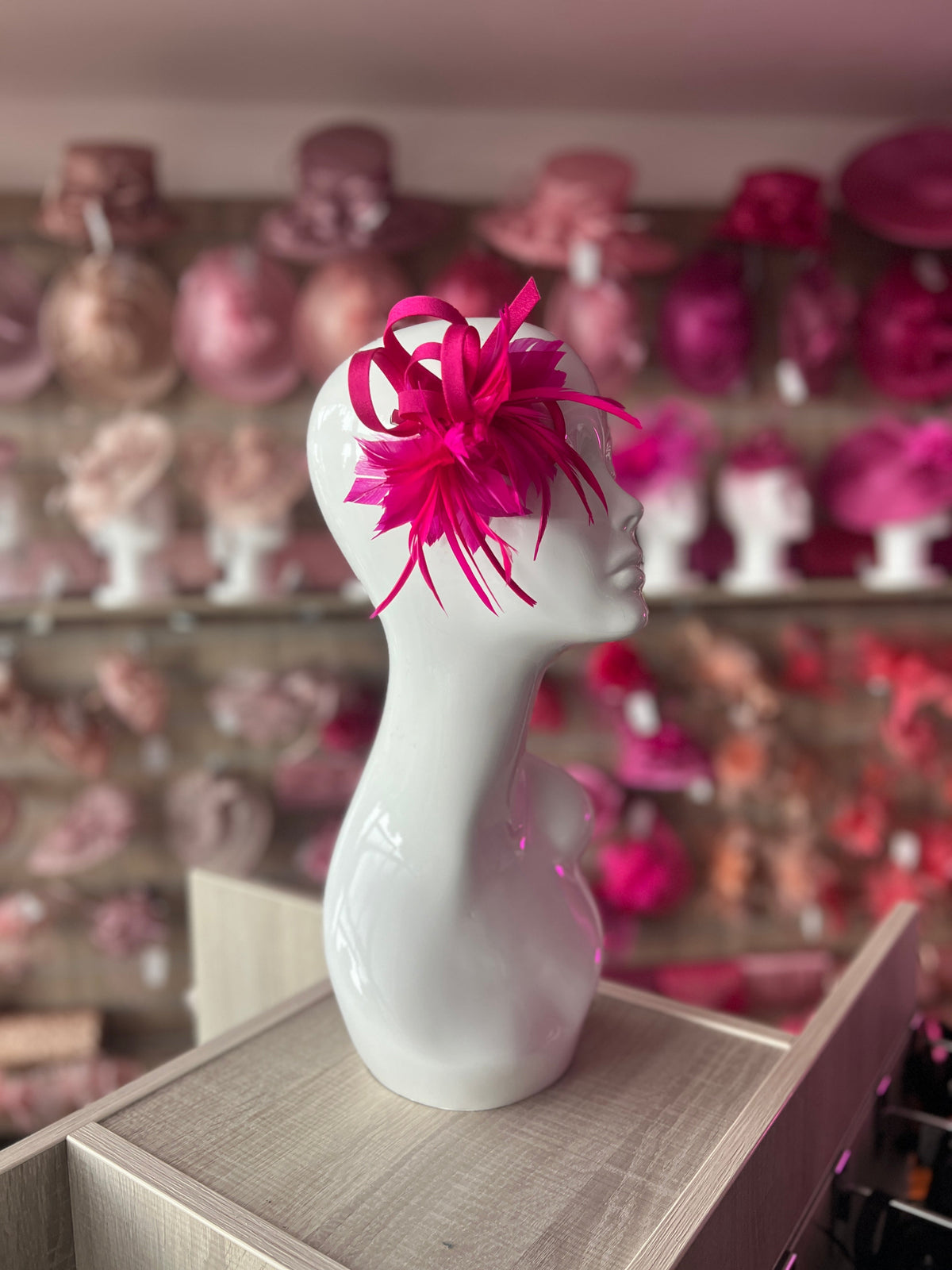 SMALL FUCHSIA FASCINATOR CLIP WITH FEATHERS &amp; SATIN LOOPS-Fascinators Direct