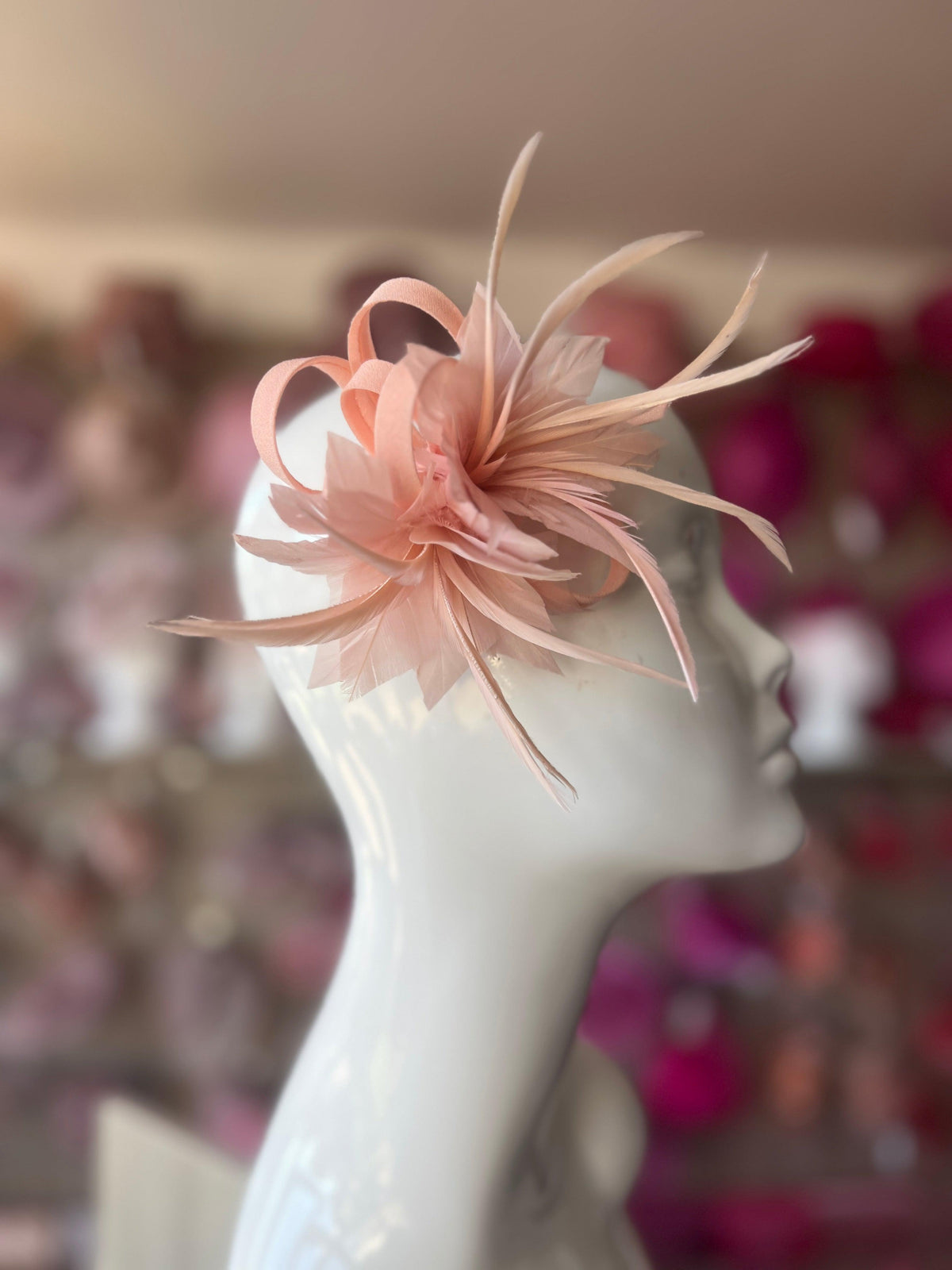 SMALL NUDE/ PINK FASCINATOR CLIP WITH FEATHERS &amp; SATIN LOOPS-Fascinators Direct
