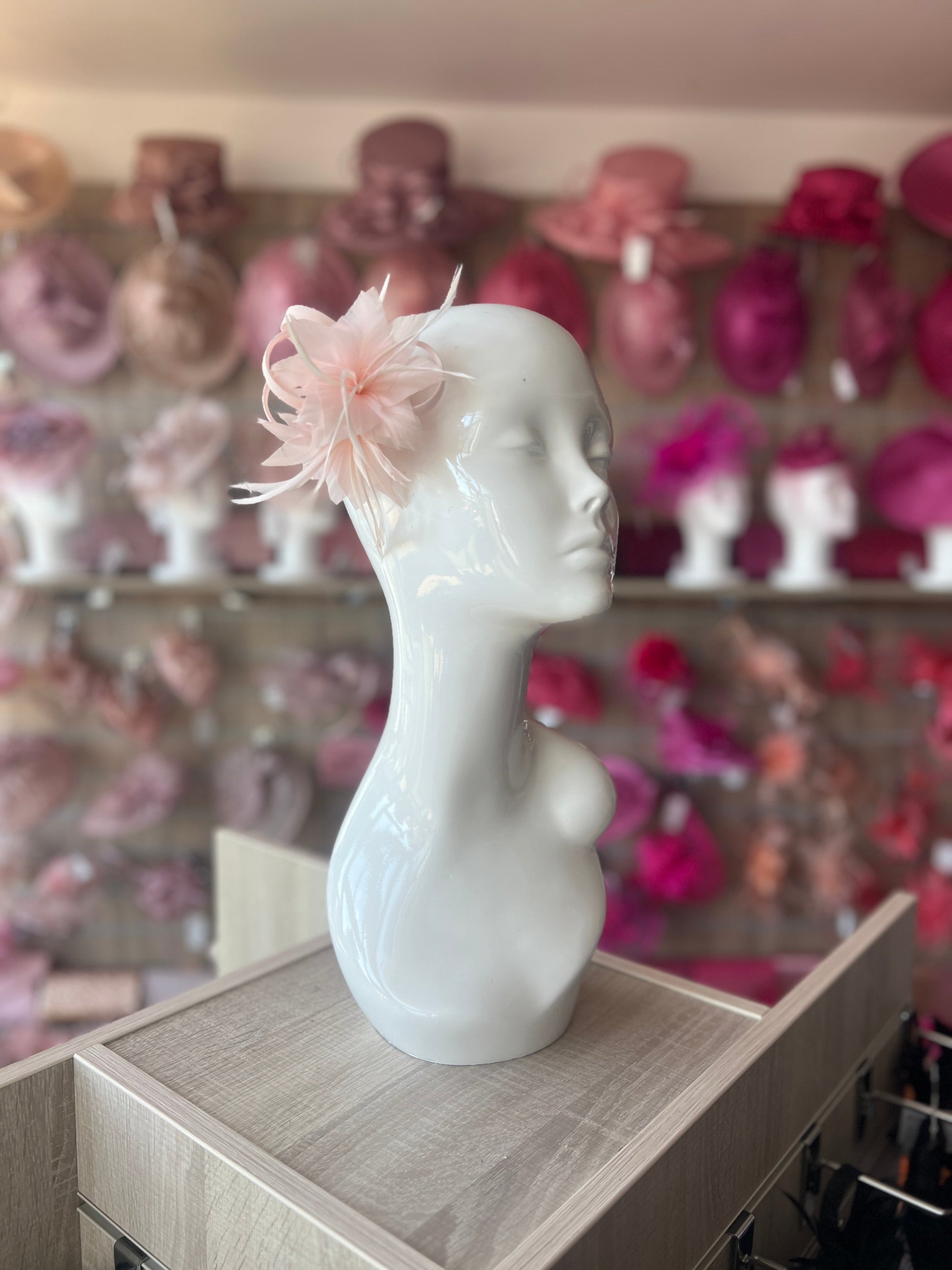 SMALL PALE PINK FASCINATOR CLIP WITH FEATHERS & SATIN LOOPS-Fascinators Direct