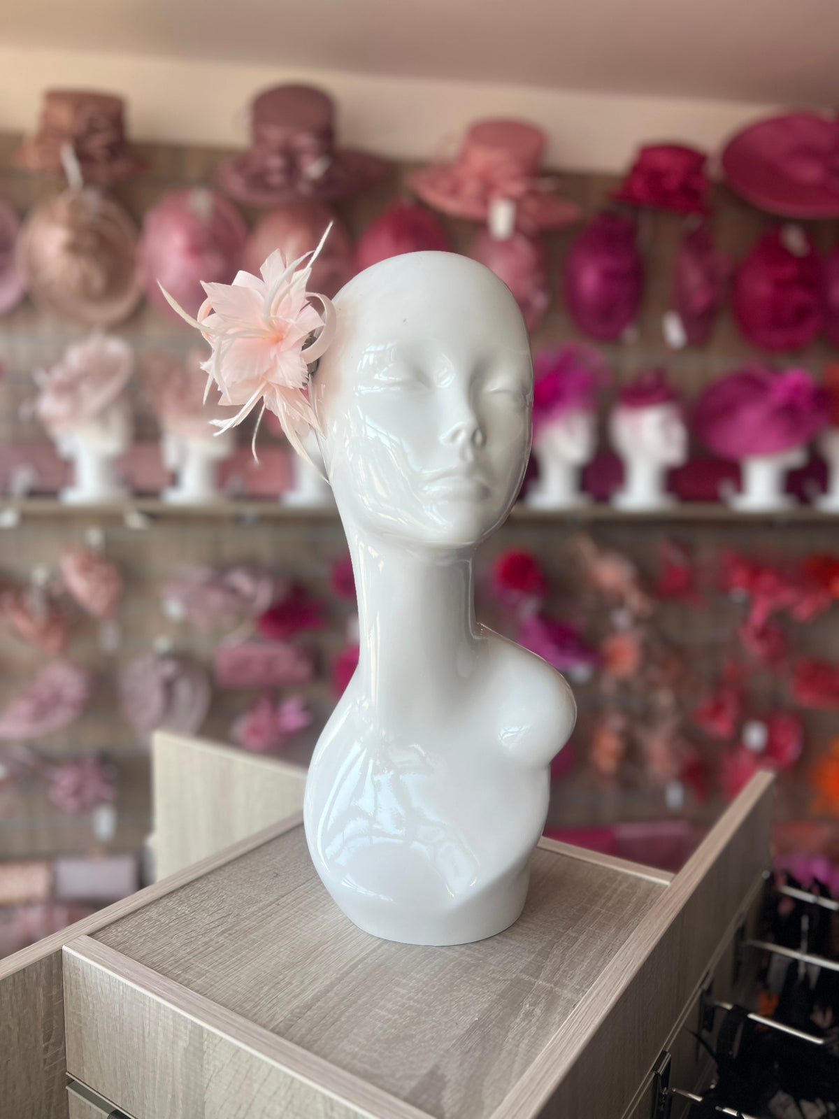 SMALL PALE PINK FASCINATOR CLIP WITH FEATHERS &amp; SATIN LOOPS-Fascinators Direct