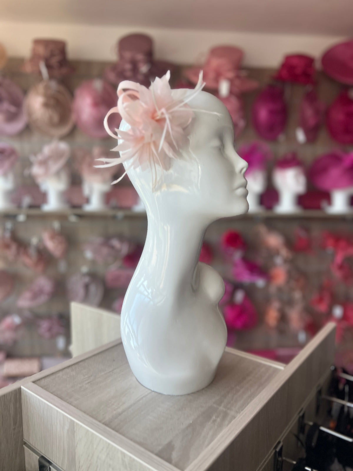 SMALL PALE PINK FASCINATOR CLIP WITH FEATHERS &amp; SATIN LOOPS-Fascinators Direct