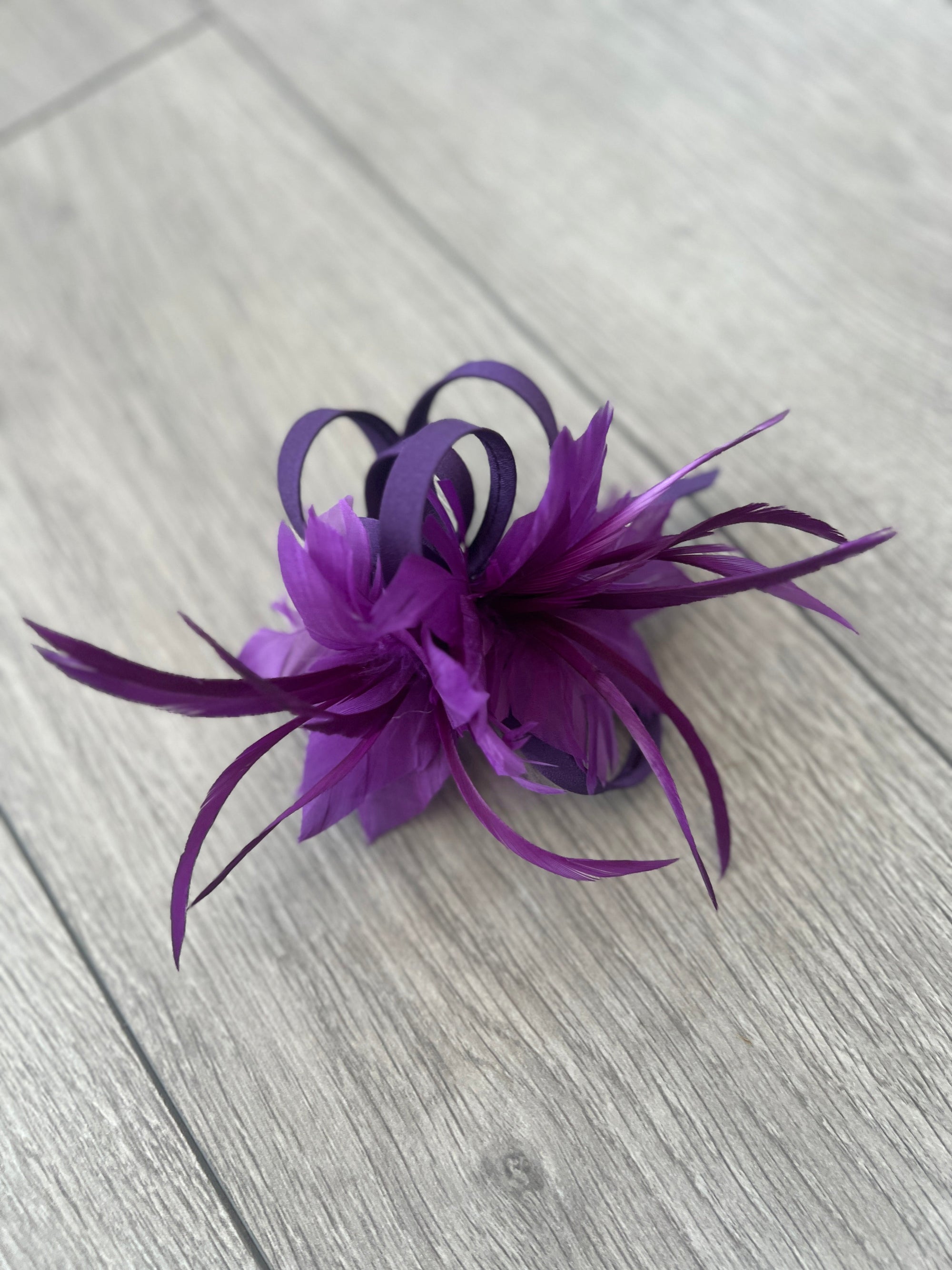 SMALL PURPLE FASCINATOR CLIP WITH FEATHERS & SATIN LOOPS-Fascinators Direct