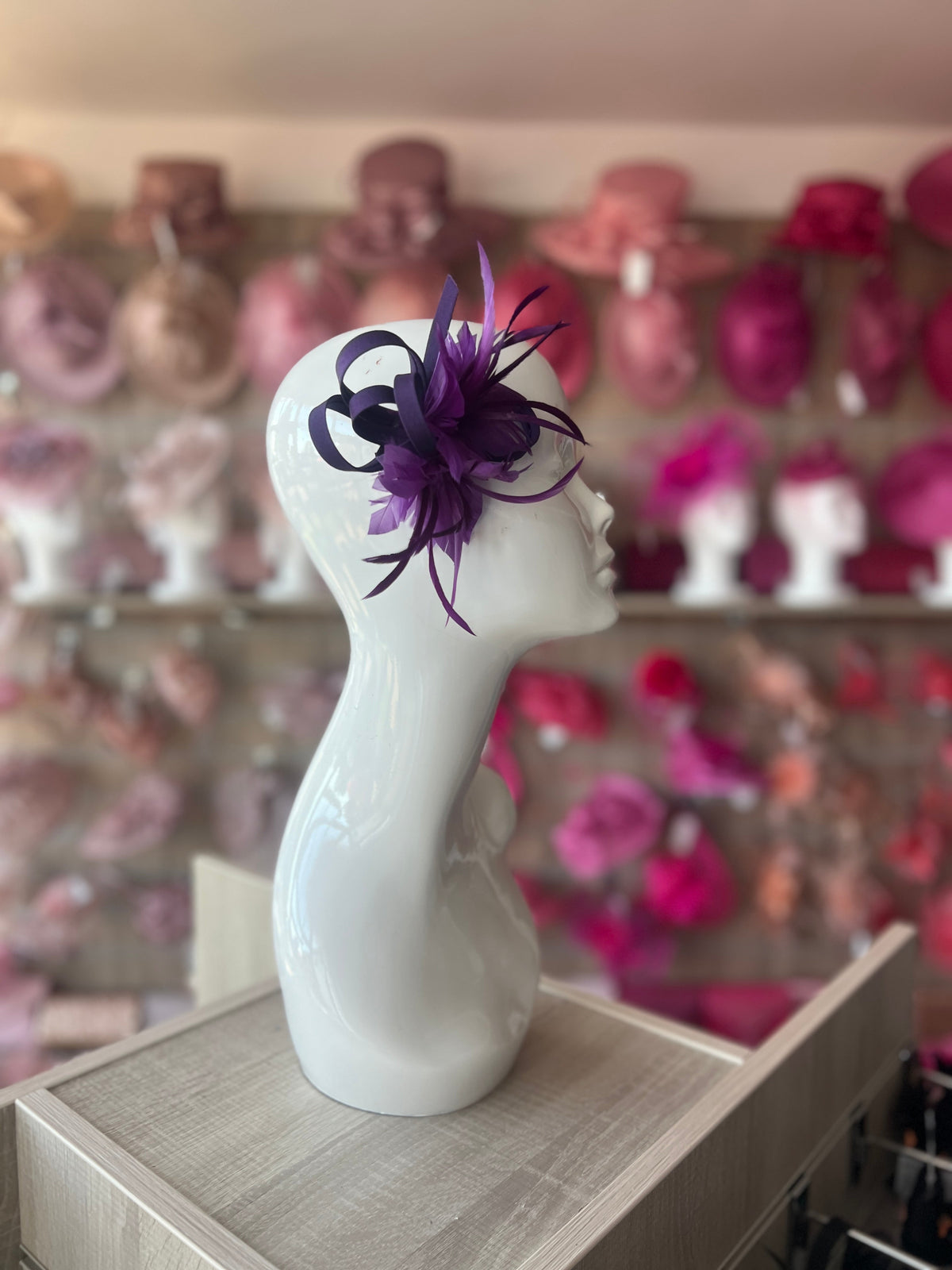 SMALL PURPLE FASCINATOR CLIP WITH FEATHERS &amp; SATIN LOOPS-Fascinators Direct