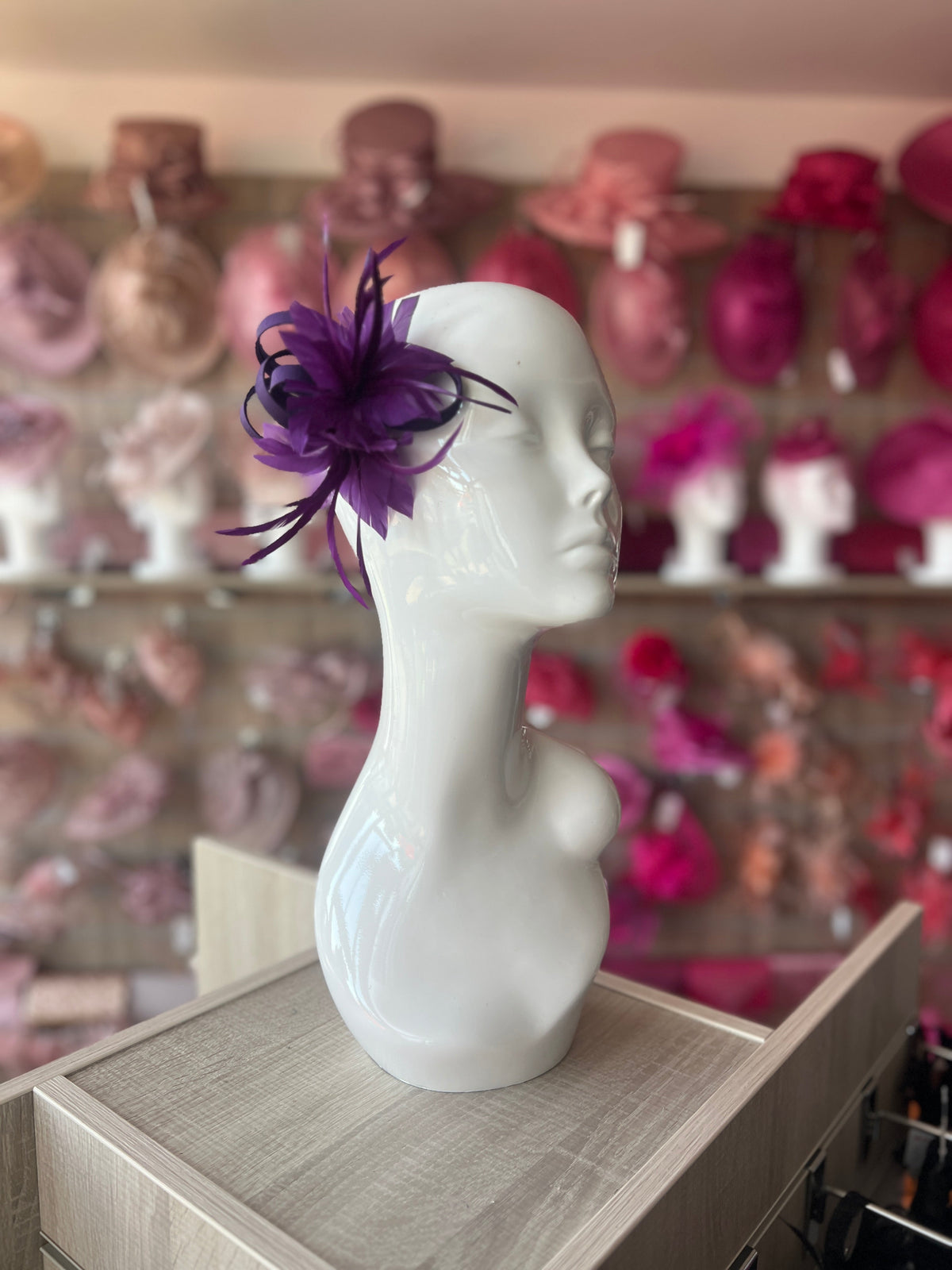 SMALL PURPLE FASCINATOR CLIP WITH FEATHERS &amp; SATIN LOOPS-Fascinators Direct