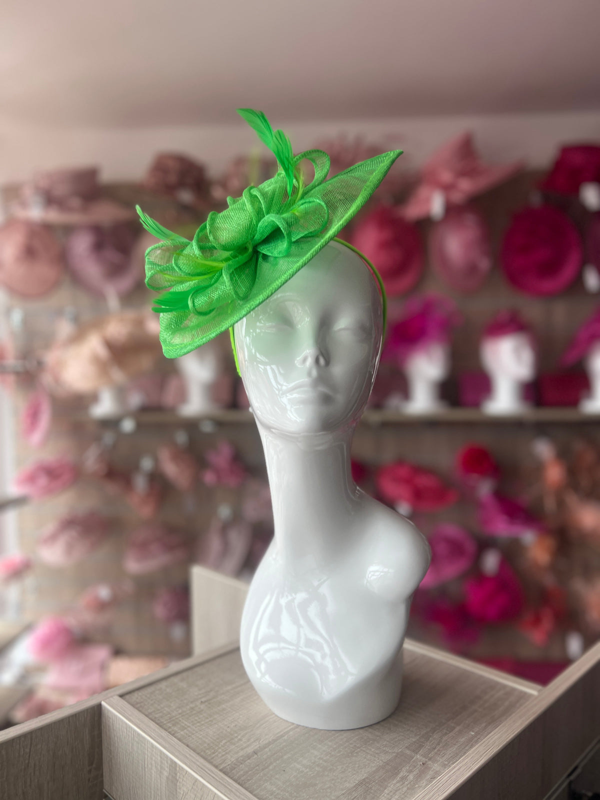 SPRING GREEN FASCINATOR WITH RUCHED SINAMAY &amp; LOOPS-Fascinators Direct