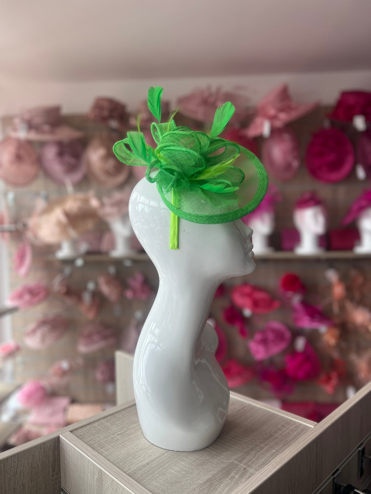 SPRING GREEN FASCINATOR WITH RUCHED SINAMAY &amp; LOOPS-Fascinators Direct