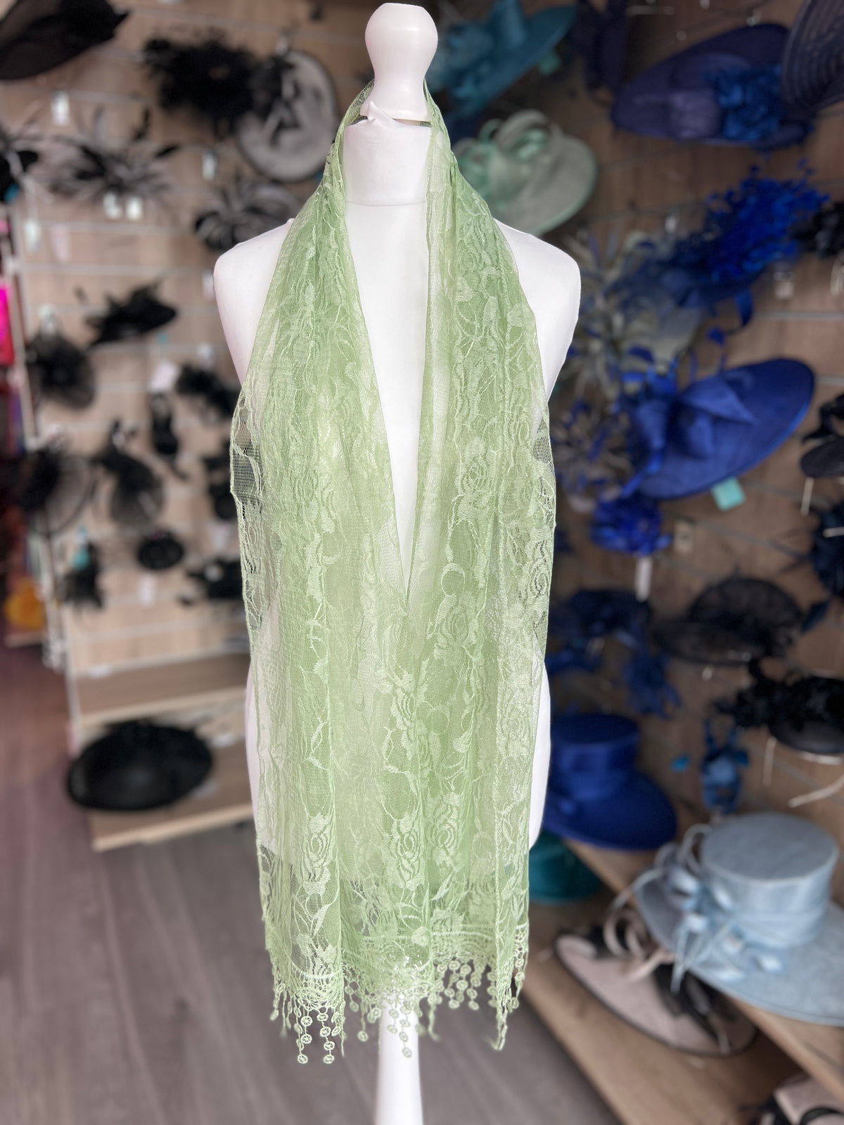 Sage Green Floral Lace Scarf-Fascinators Direct
