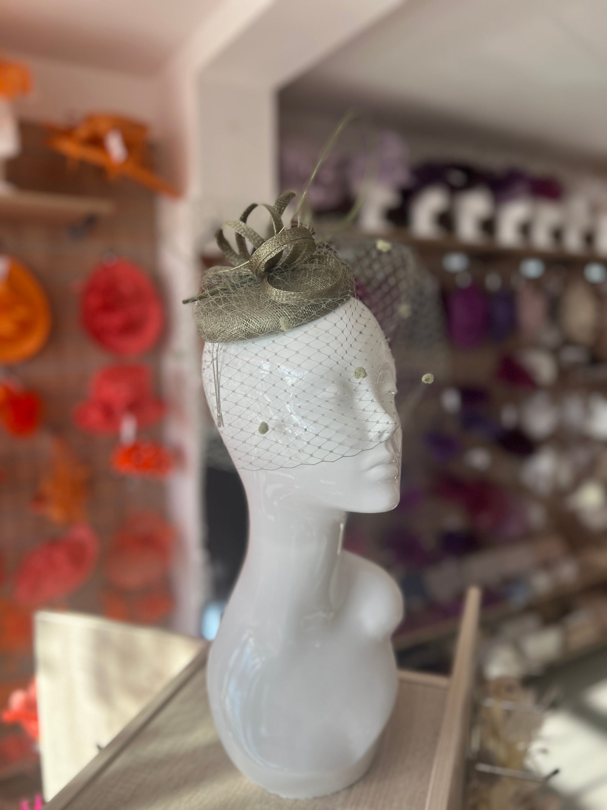 Sage Pillbox Hat with Veil & Curled Quill-Fascinators Direct