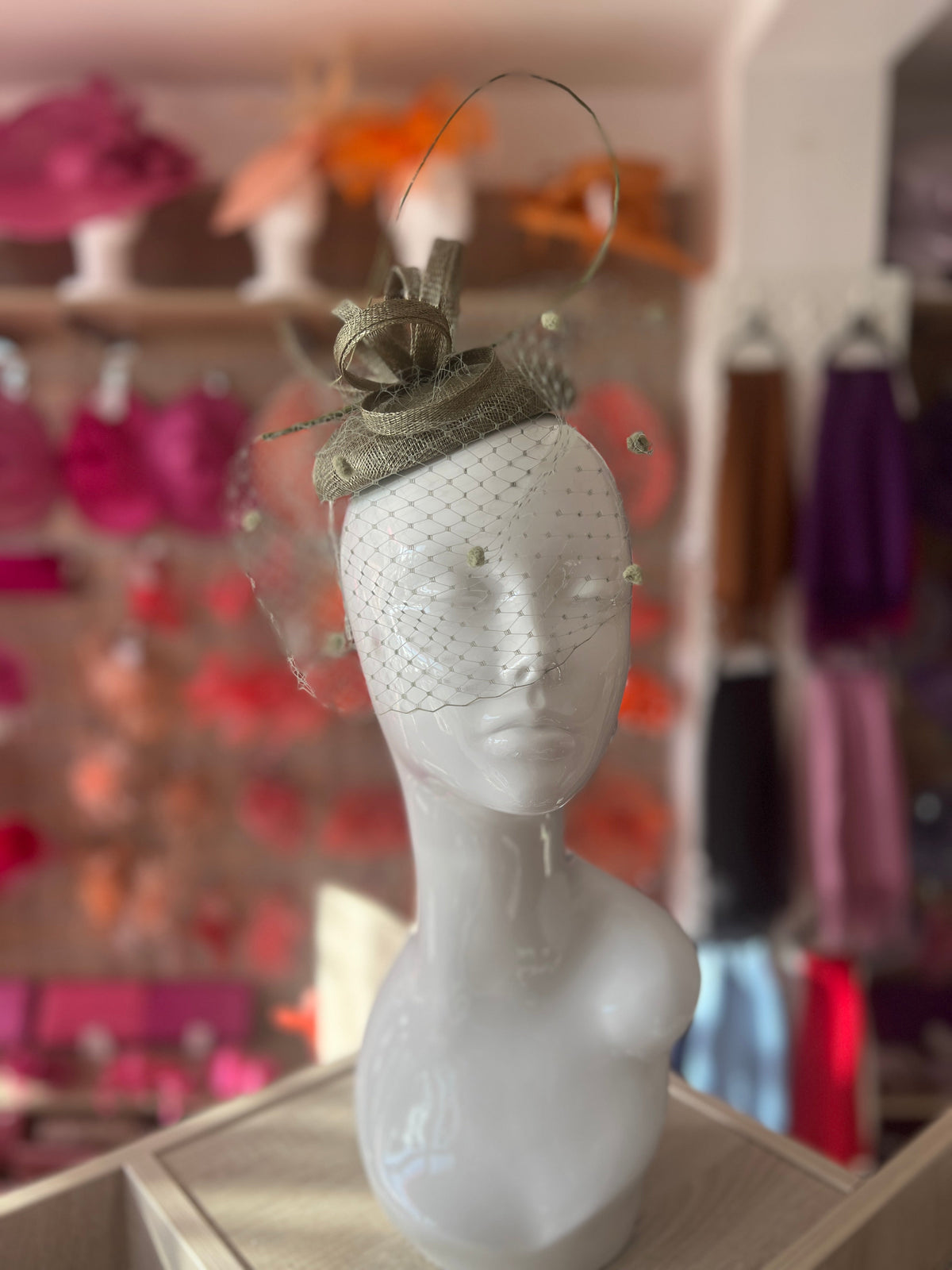 Sage Pillbox Hat with Veil &amp; Curled Quill-Fascinators Direct