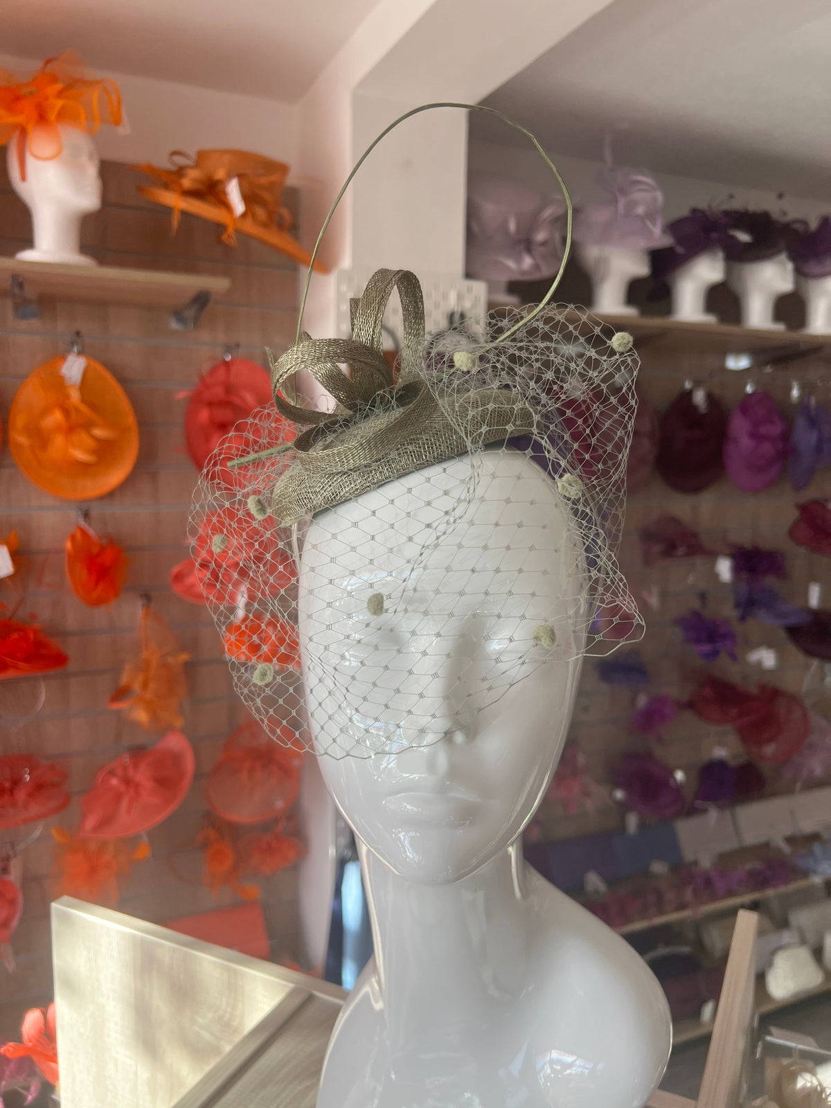 Sage Pillbox Hat with Veil &amp; Curled Quill-Fascinators Direct
