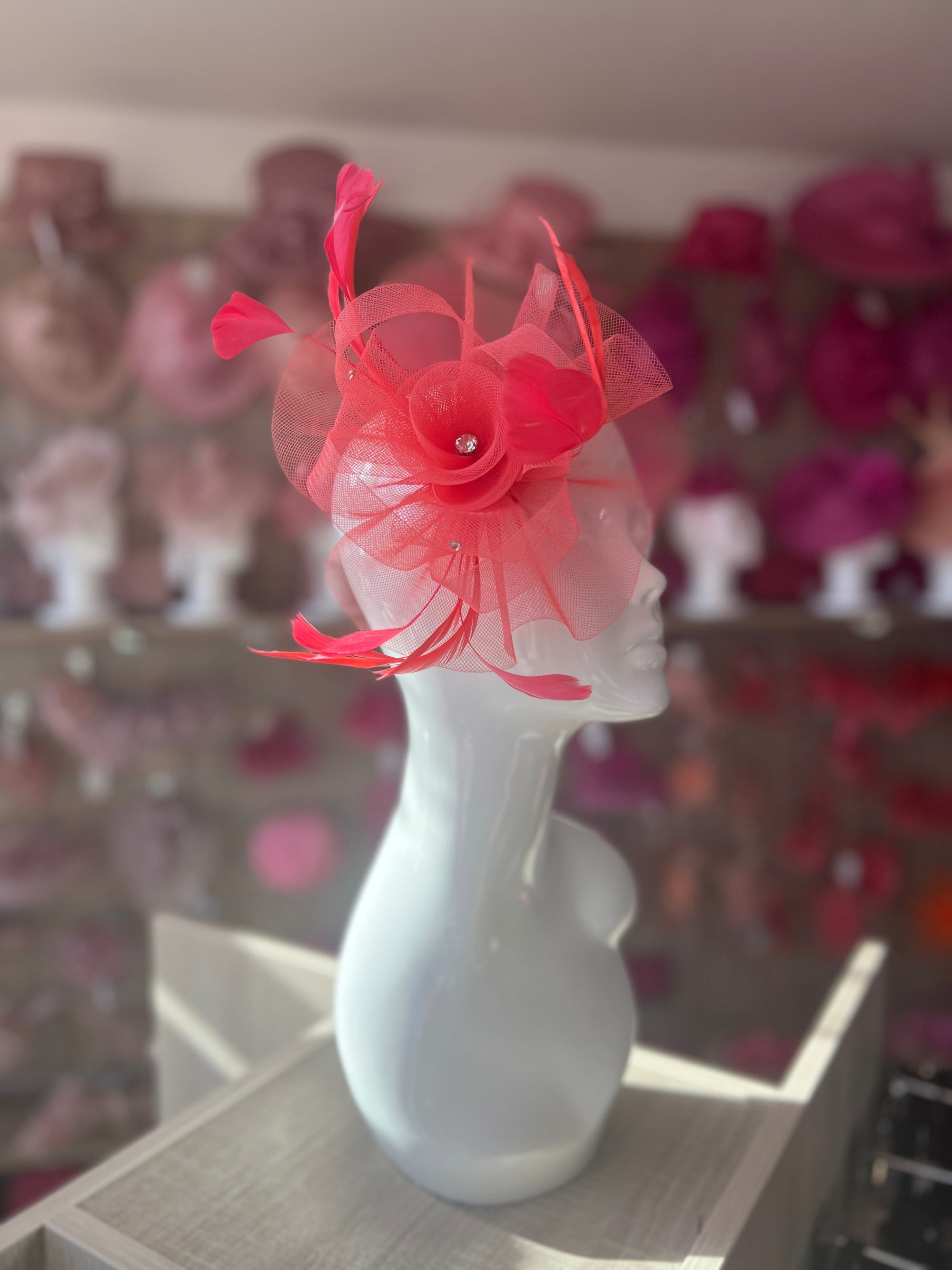 Salmon Diamante Flower Fascinator With Feathers-Fascinators Direct