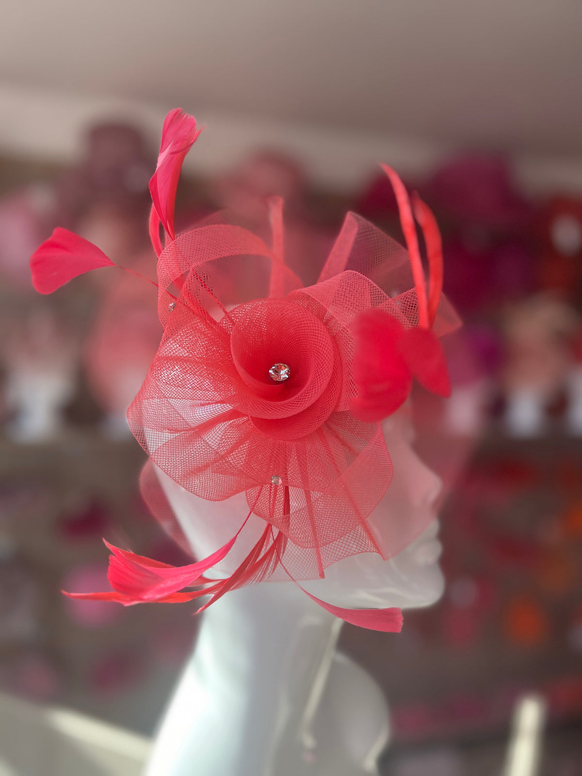 Salmon Diamante Flower Fascinator With Feathers-Fascinators Direct