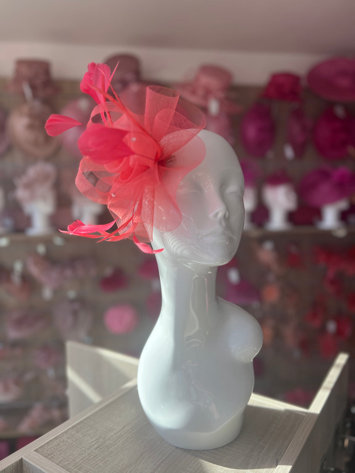 Salmon Diamante Flower Fascinator With Feathers-Fascinators Direct