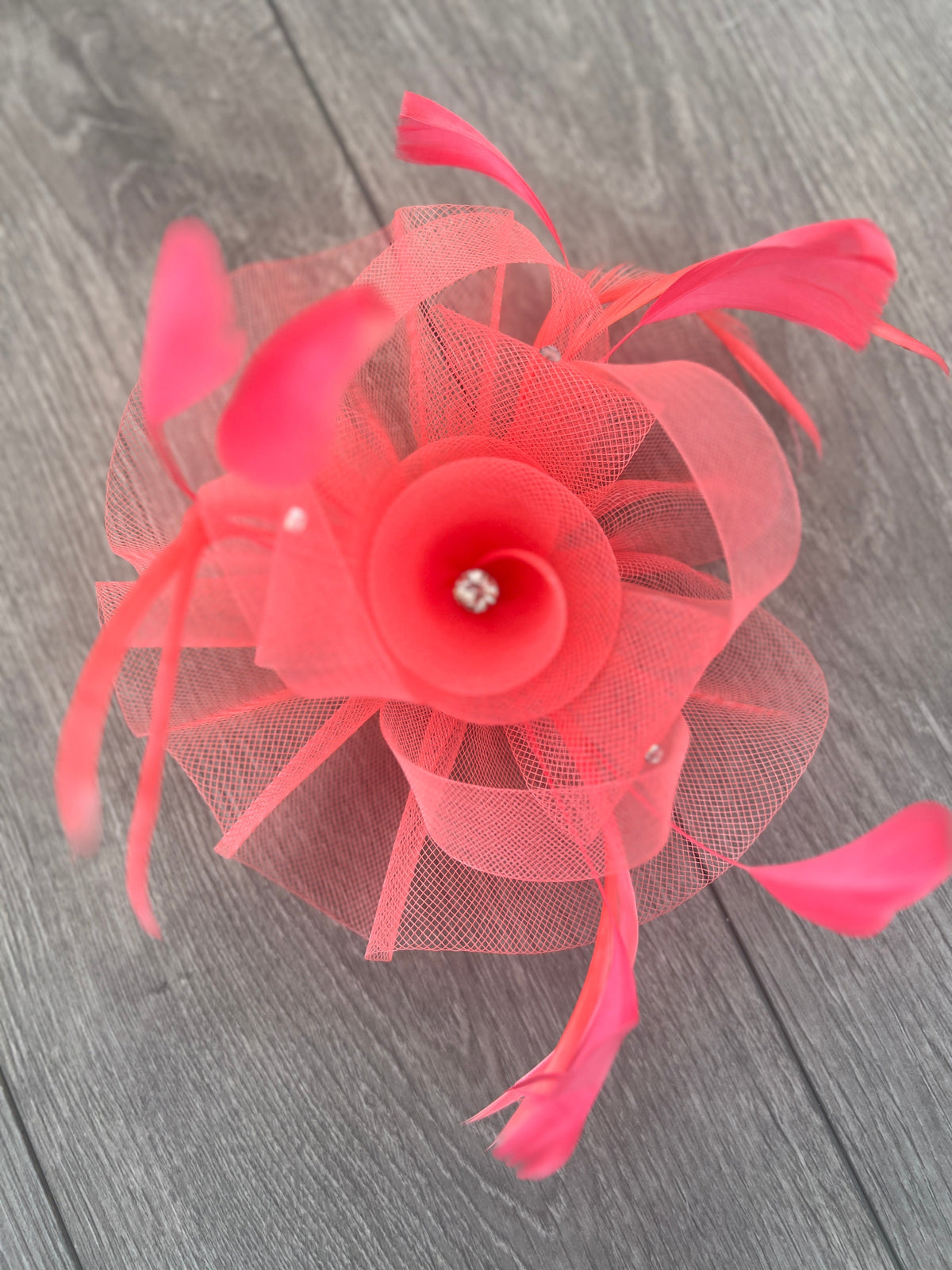 Salmon Diamante Flower Fascinator With Feathers-Fascinators Direct