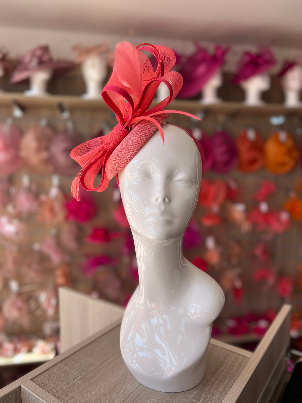Salmon Pill Box Bow Feather Fascinator-Fascinators Direct